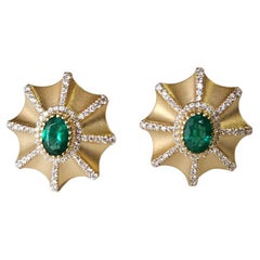 Set in 18K Yellow Matte Gold, natural Zambian Emeralds & Diamonds Stud Earrings