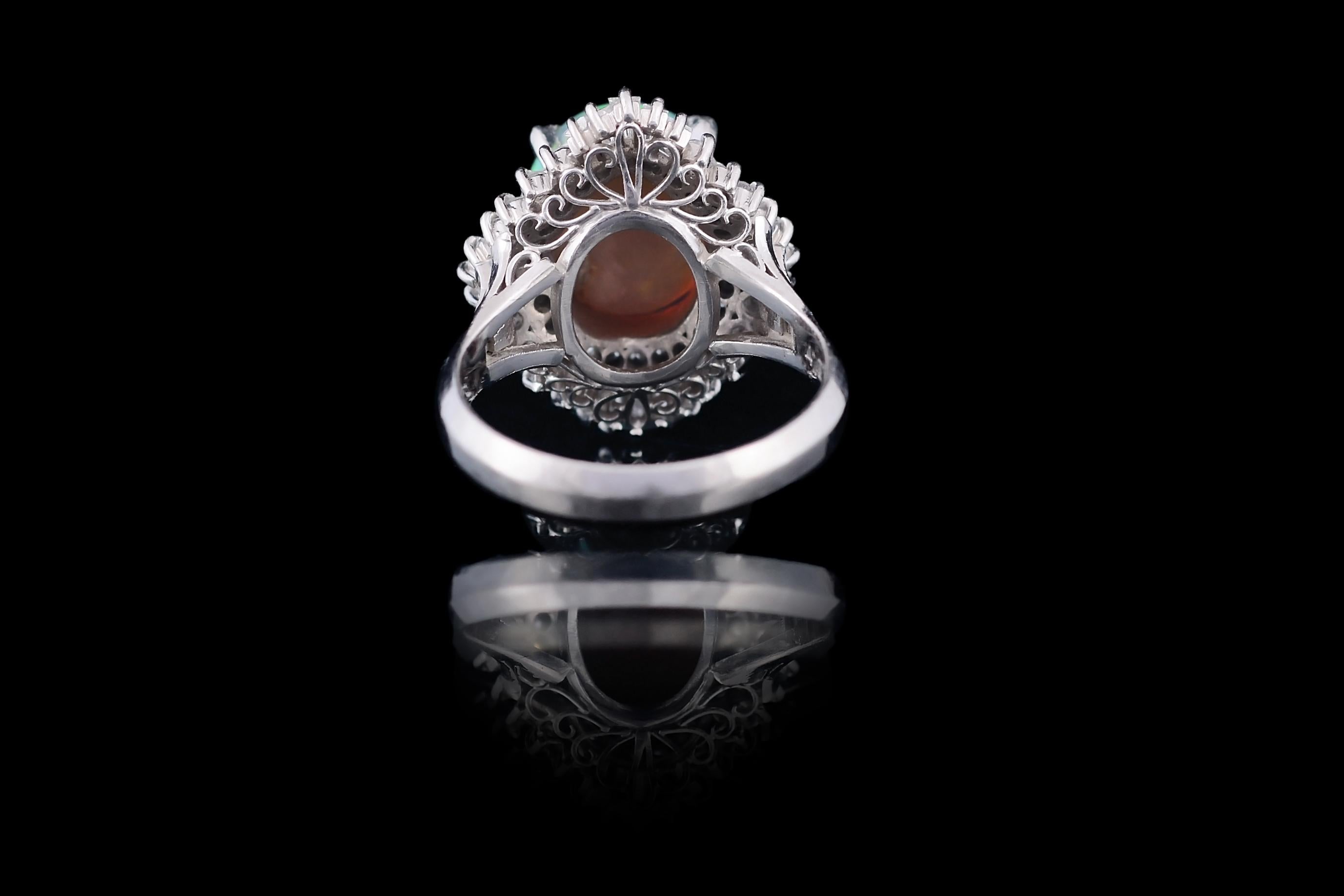 Neoclassical Set in Platinum 900, Australian Opal and Taper Baguette Diamonds Cocktail Ring