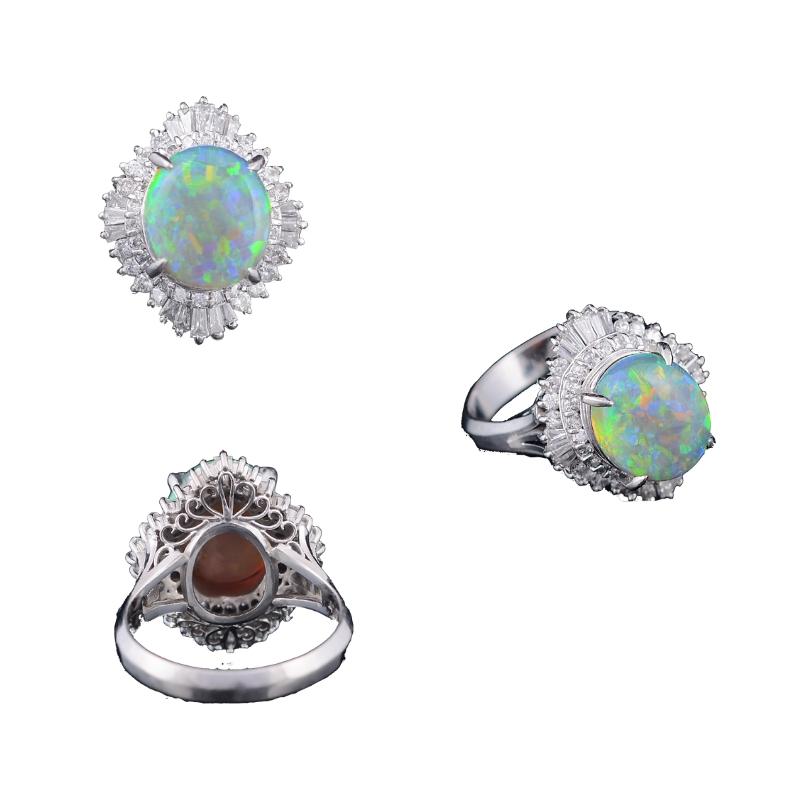 Baguette Cut Set in Platinum 900, Australian Opal and Taper Baguette Diamonds Cocktail Ring