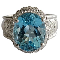 Bague de fiançailles cocktail sertie en platine 900, 6,83 carats, aigue-marine et diamants