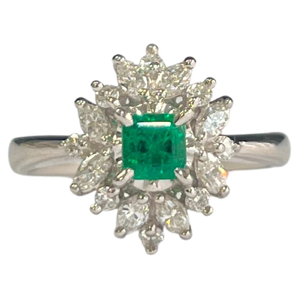 Set in Platinum 900, Natural Columbian Emerald & Diamonds Engagement Ring For Sale