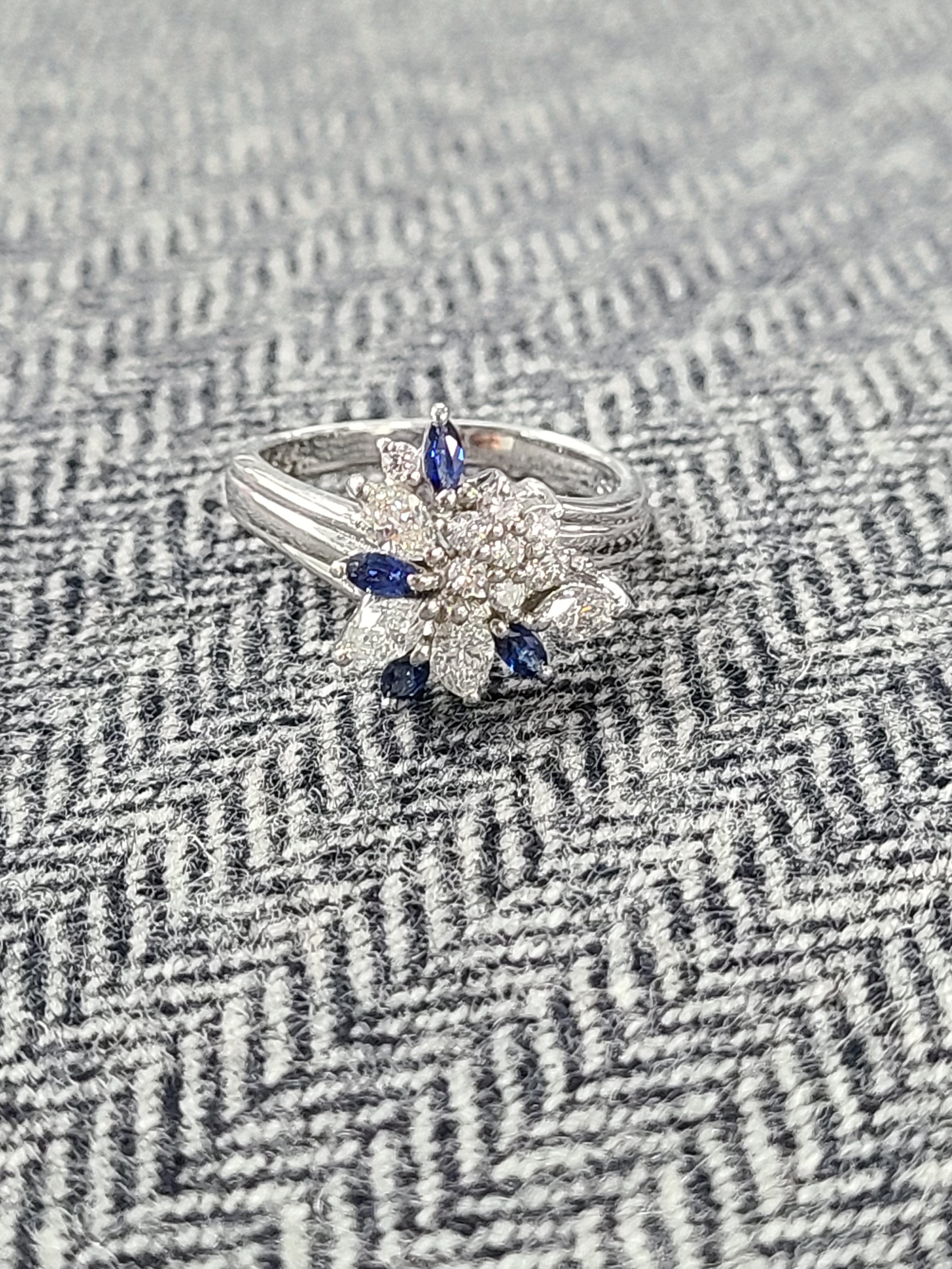 Platinum PT900 Blue Sapphire Ring with Diamonds For Sale 2