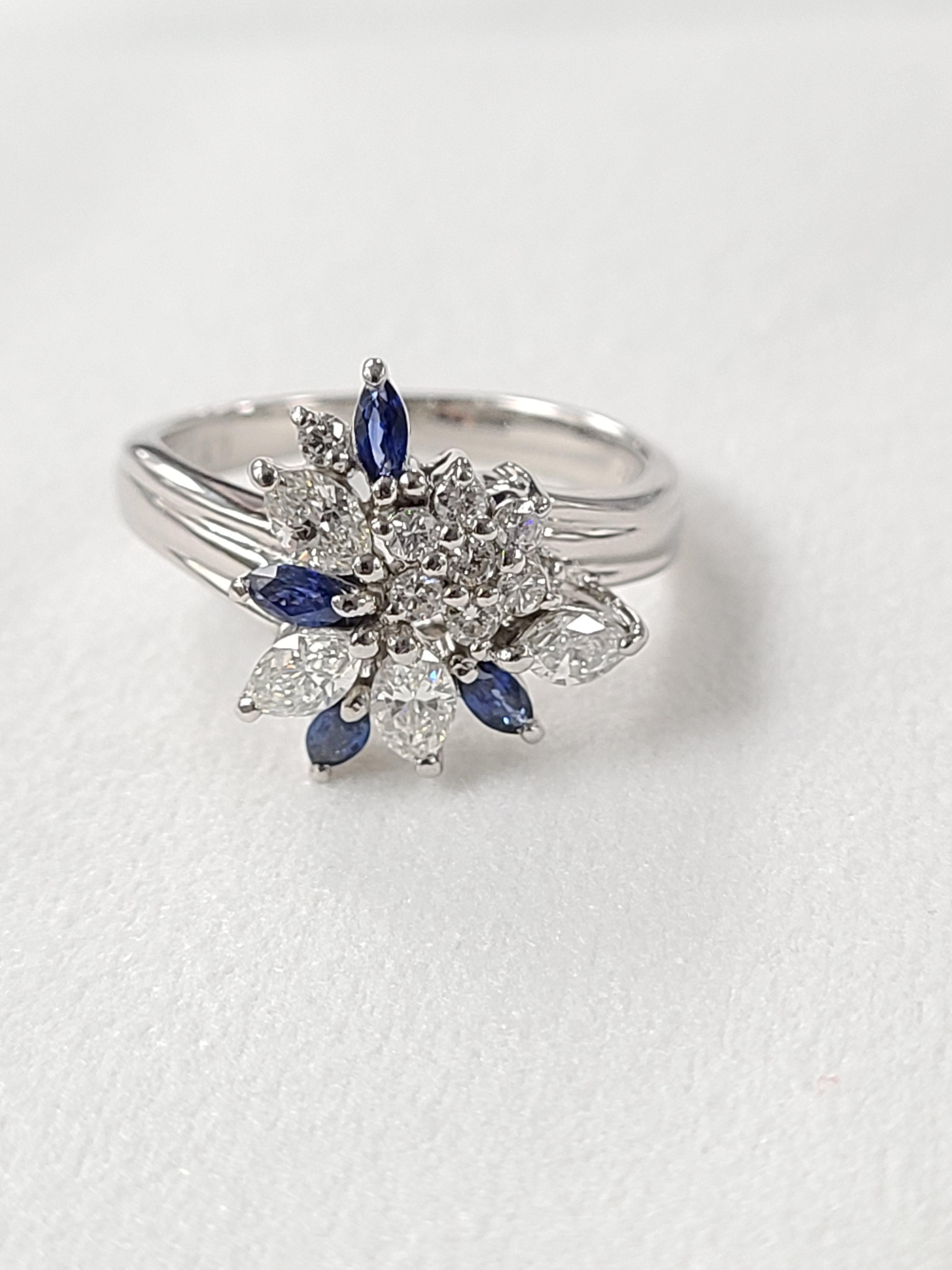 A beautiful and elegant diamond and blue sapphire ring set in Platinum PT900 . Excellent for everyday use , Sapphire weight is .31 carats and diamond weight is .78 carats. Ring dimensions in cm 1.5 x 1.5 x 2.1 ( L X W X H ). US size 7 1/2 .