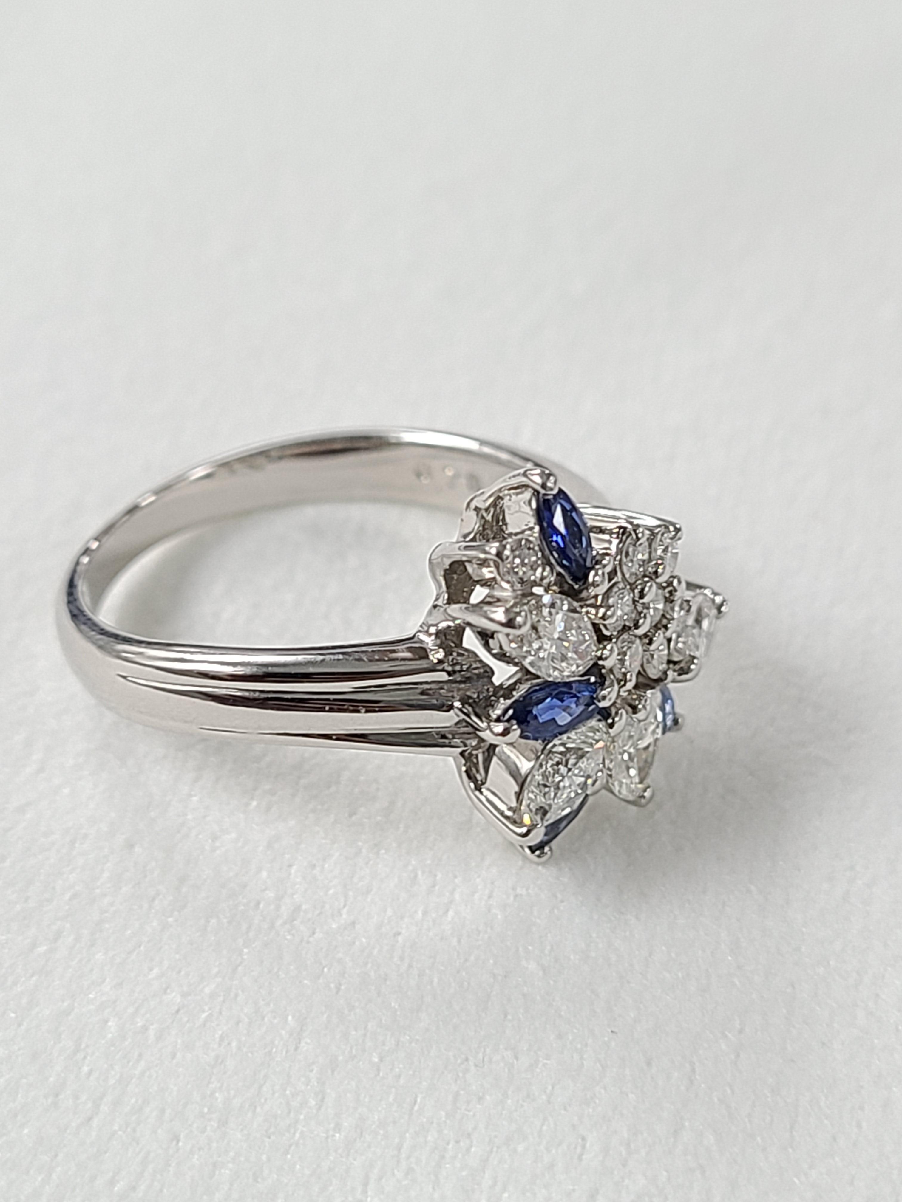 Marquise Cut Platinum PT900 Blue Sapphire Ring with Diamonds For Sale