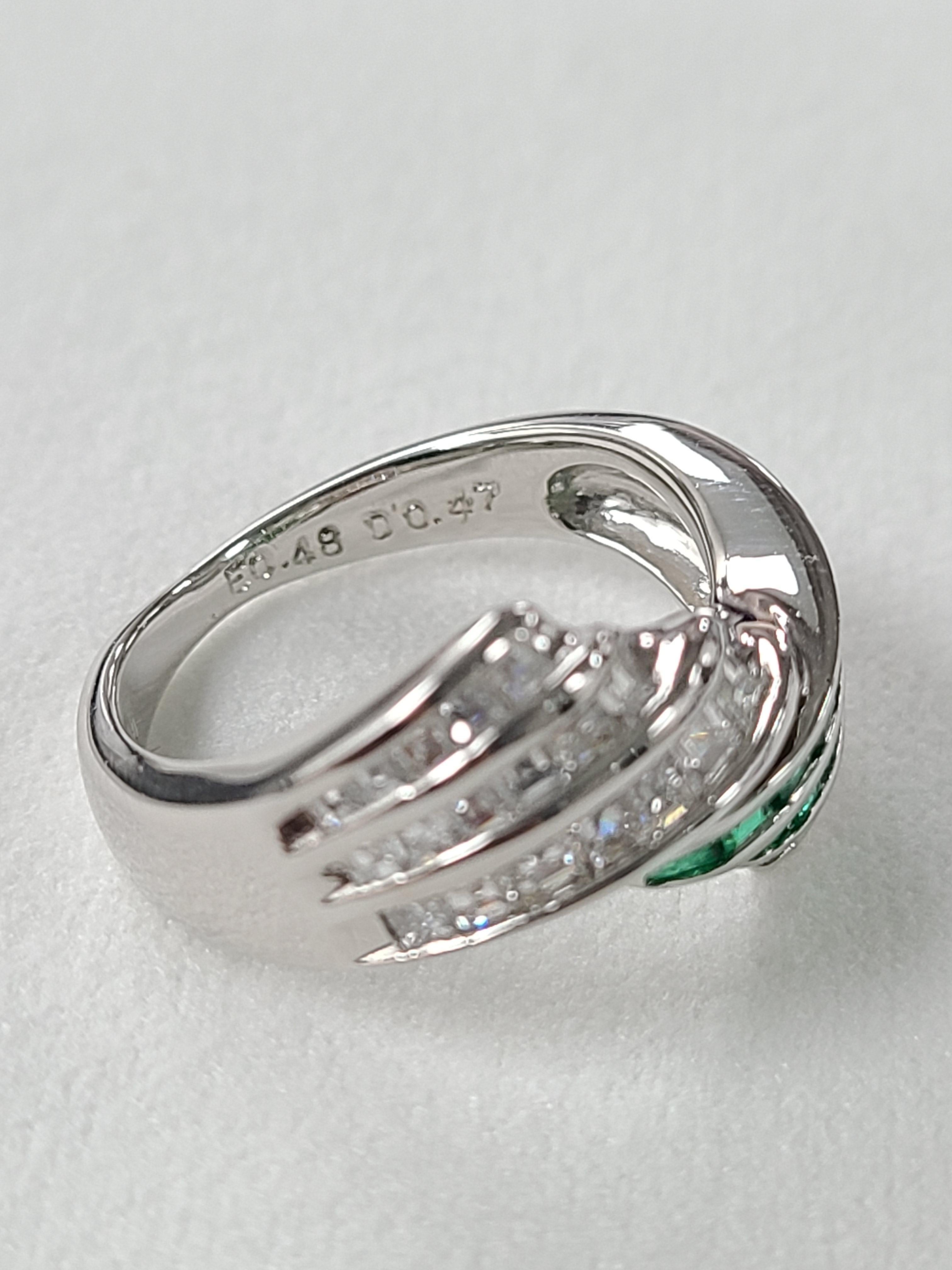 Baguette Cut Platinum PT 900 Emerald Ring with Diamonds For Sale