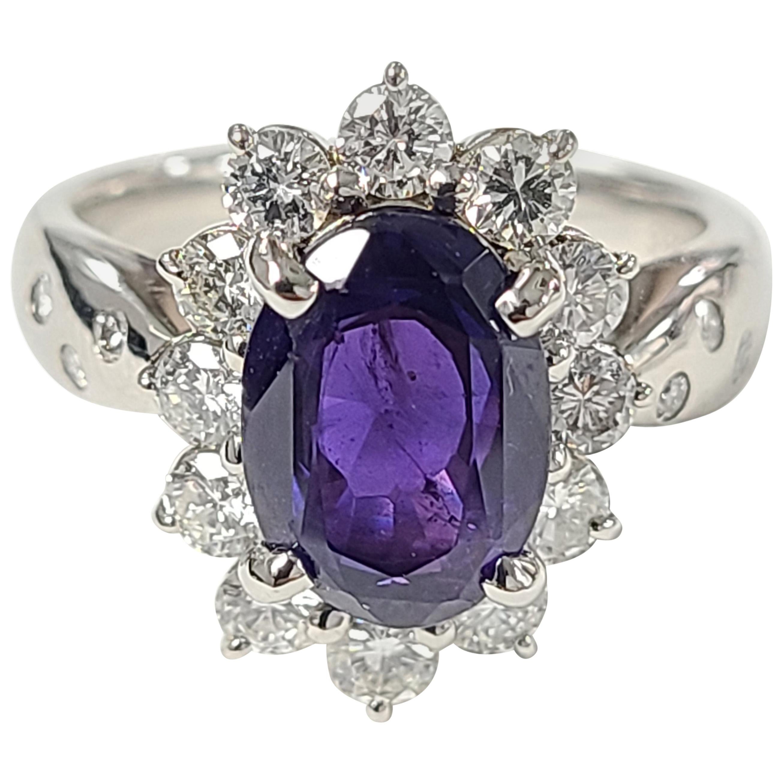 Platinum PT900 Purple Sapphire Ring with Diamonds