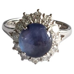 Vintage Set in PT900, 2.72 Carats Natural Blue Star Sapphire & Diamonds Engagement Ring