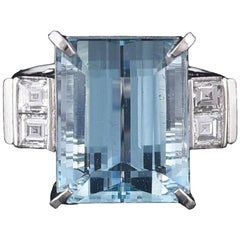 Set in PT900, Art Deco Style Aquamarine and Princess Diamonds Cocktail Ring