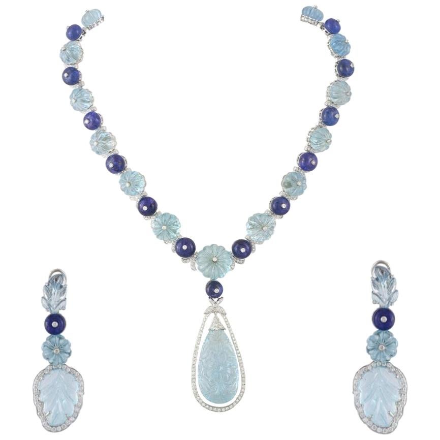 Set in White 18k Gold, Carved Aquamarine, Tanzanite Beads & Diamonds Necklace Set