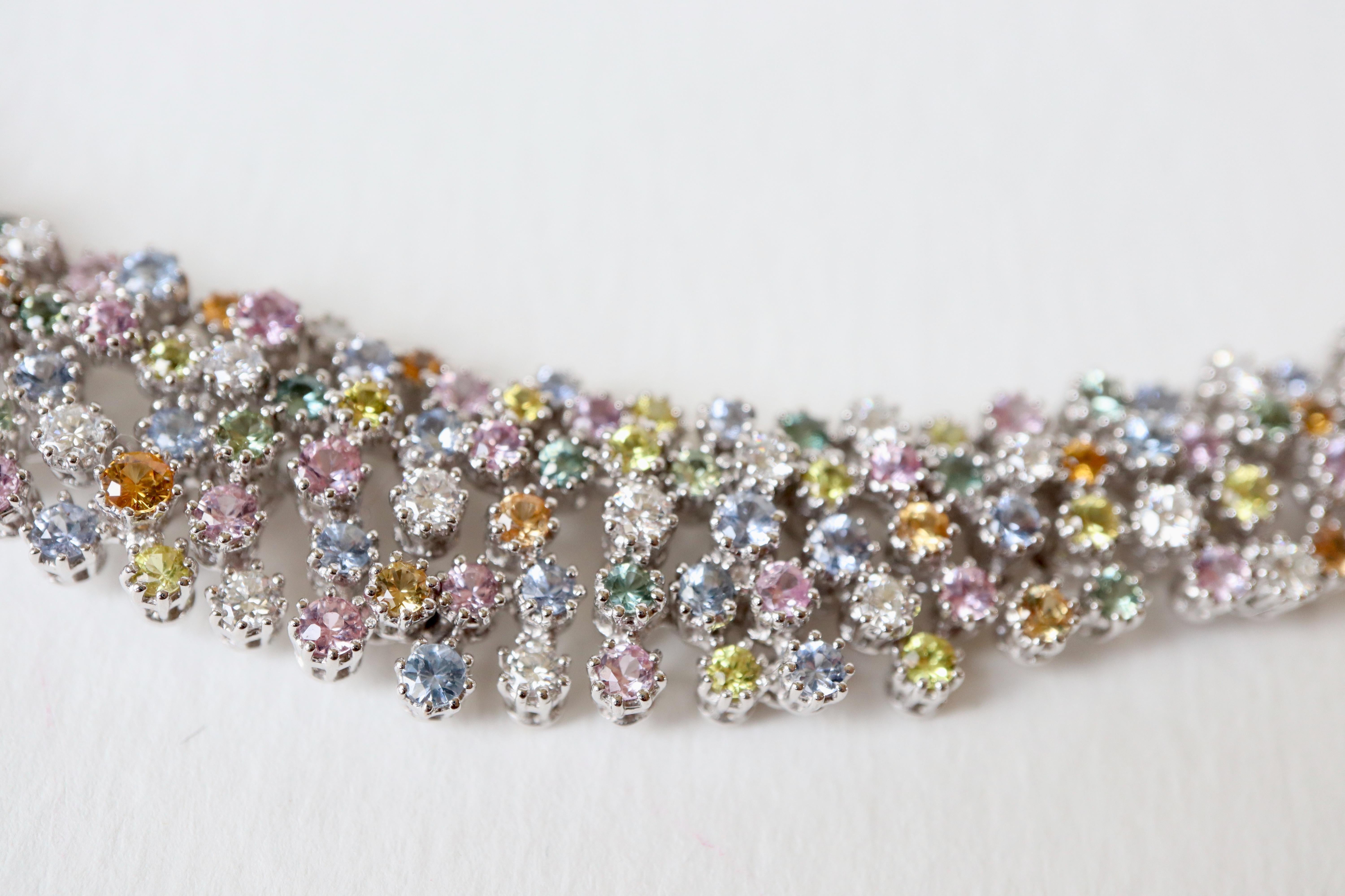 Brilliant Cut Set in White Gold and 260 Multicolored Sapphires Necklace and Earrings For Sale