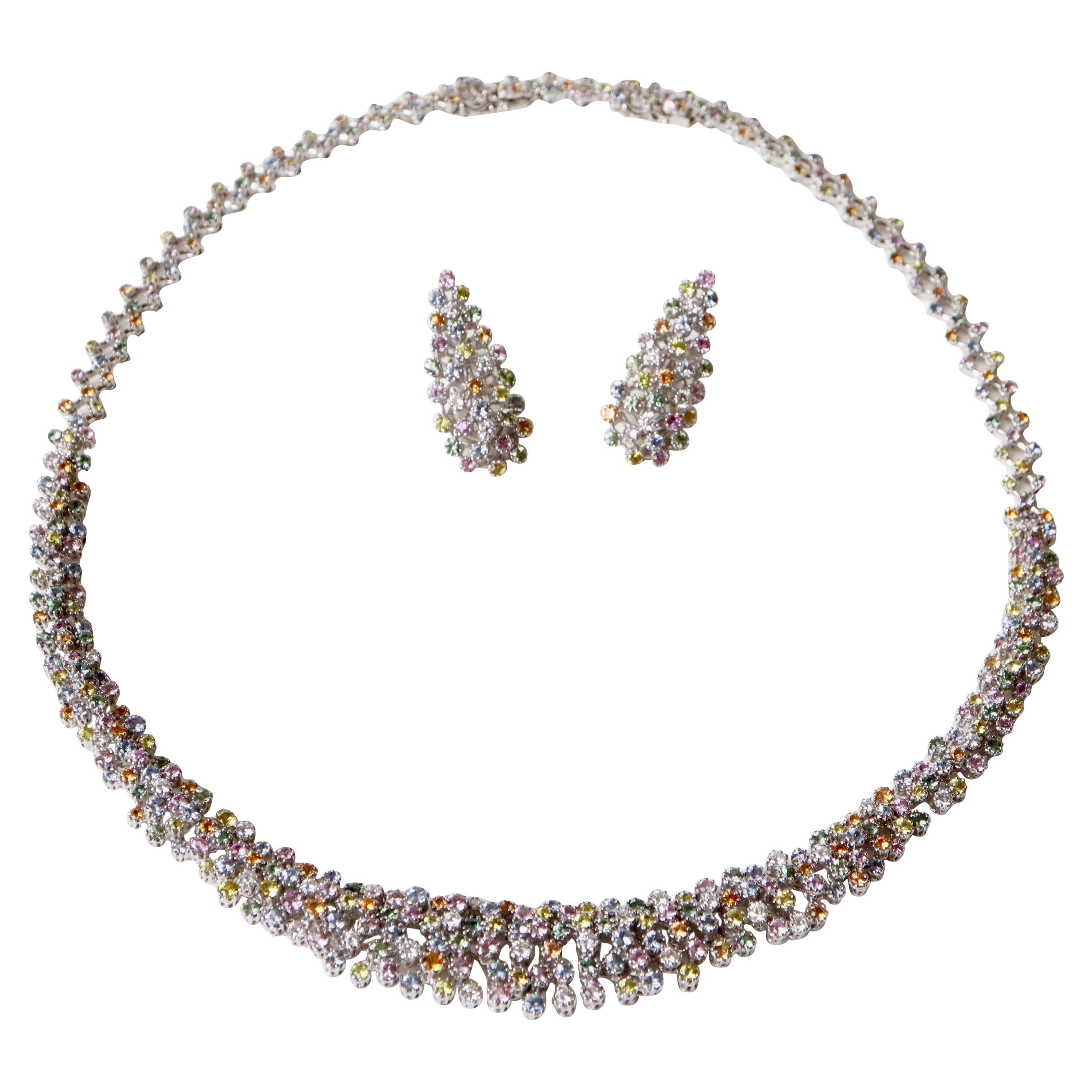 Set in White Gold and 260 Multicolored Sapphires Necklace and Earrings