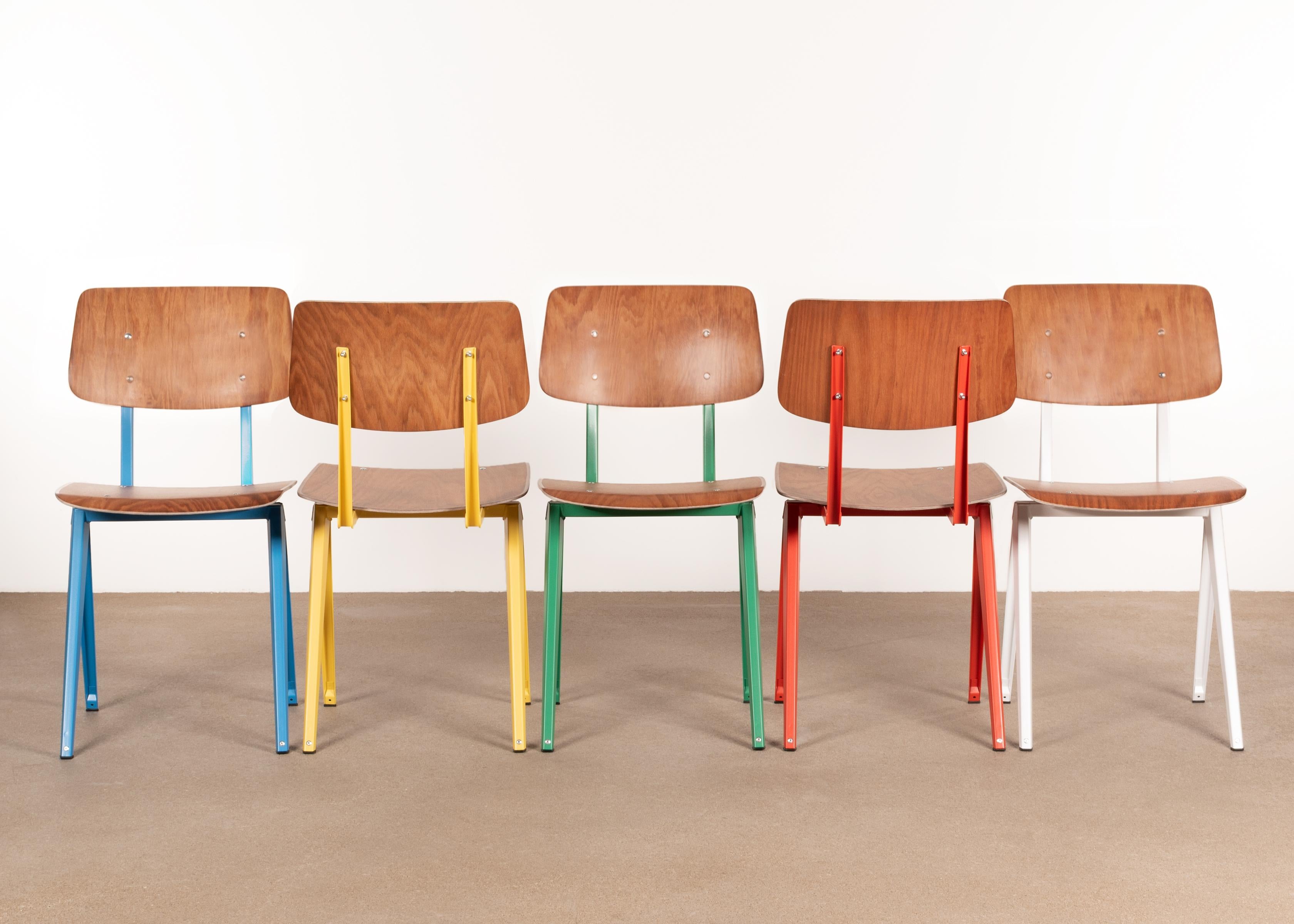 Functional / industrial Galvanitas S16 plywood chairs in the style of Prouvé. Frames are made of folded sheet steel and seat / backpanel of resin plywood. Various colors, quantities and bespoke service available. In stock and ready to ship worldwide