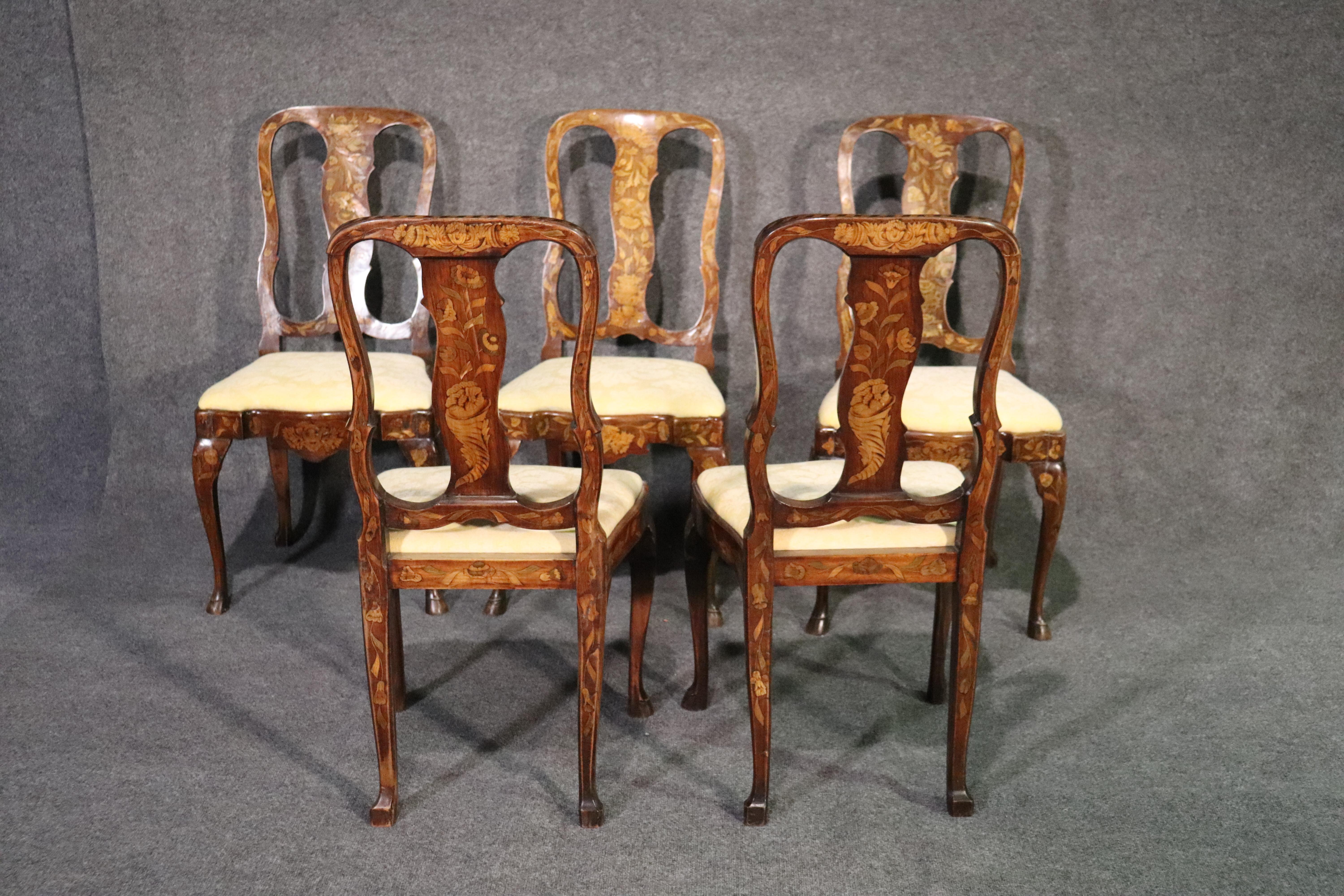 Set 5 Inlaid Satinwood Walnut Dutch Marquetry Dining Side Chairs, circa 1890s 4