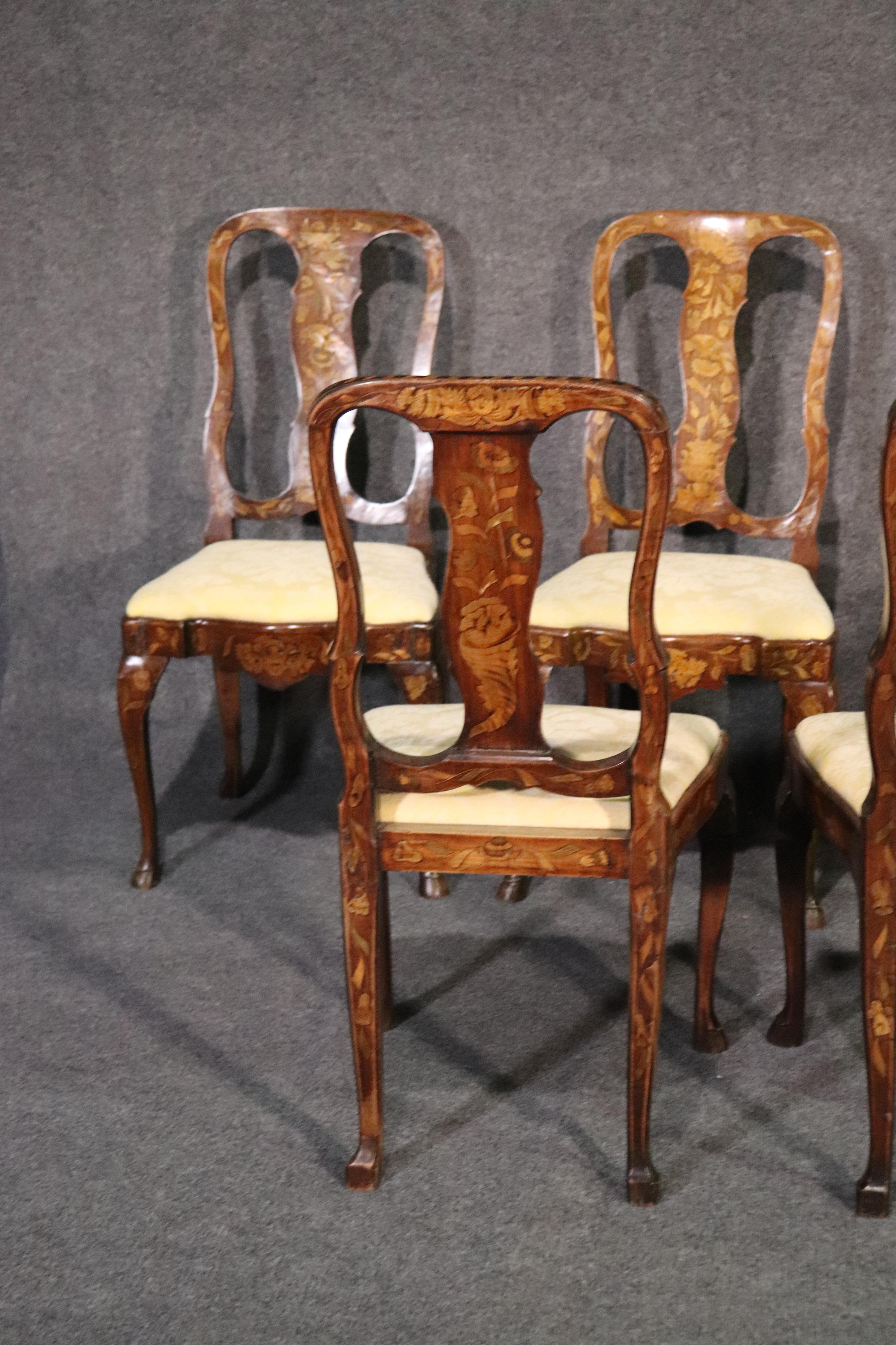 Set 5 Inlaid Satinwood Walnut Dutch Marquetry Dining Side Chairs, circa 1890s 5
