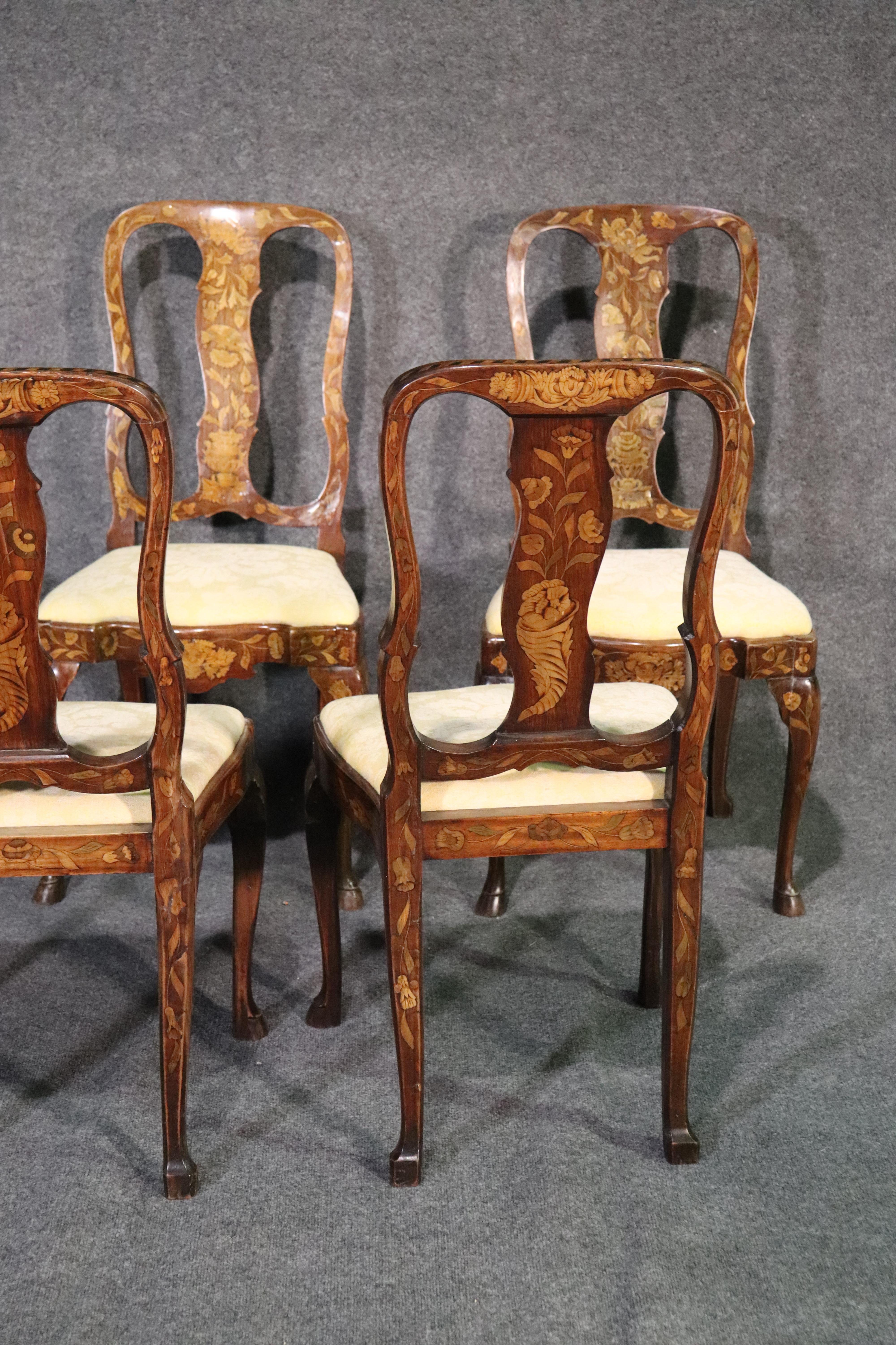 Set 5 Inlaid Satinwood Walnut Dutch Marquetry Dining Side Chairs, circa 1890s 6