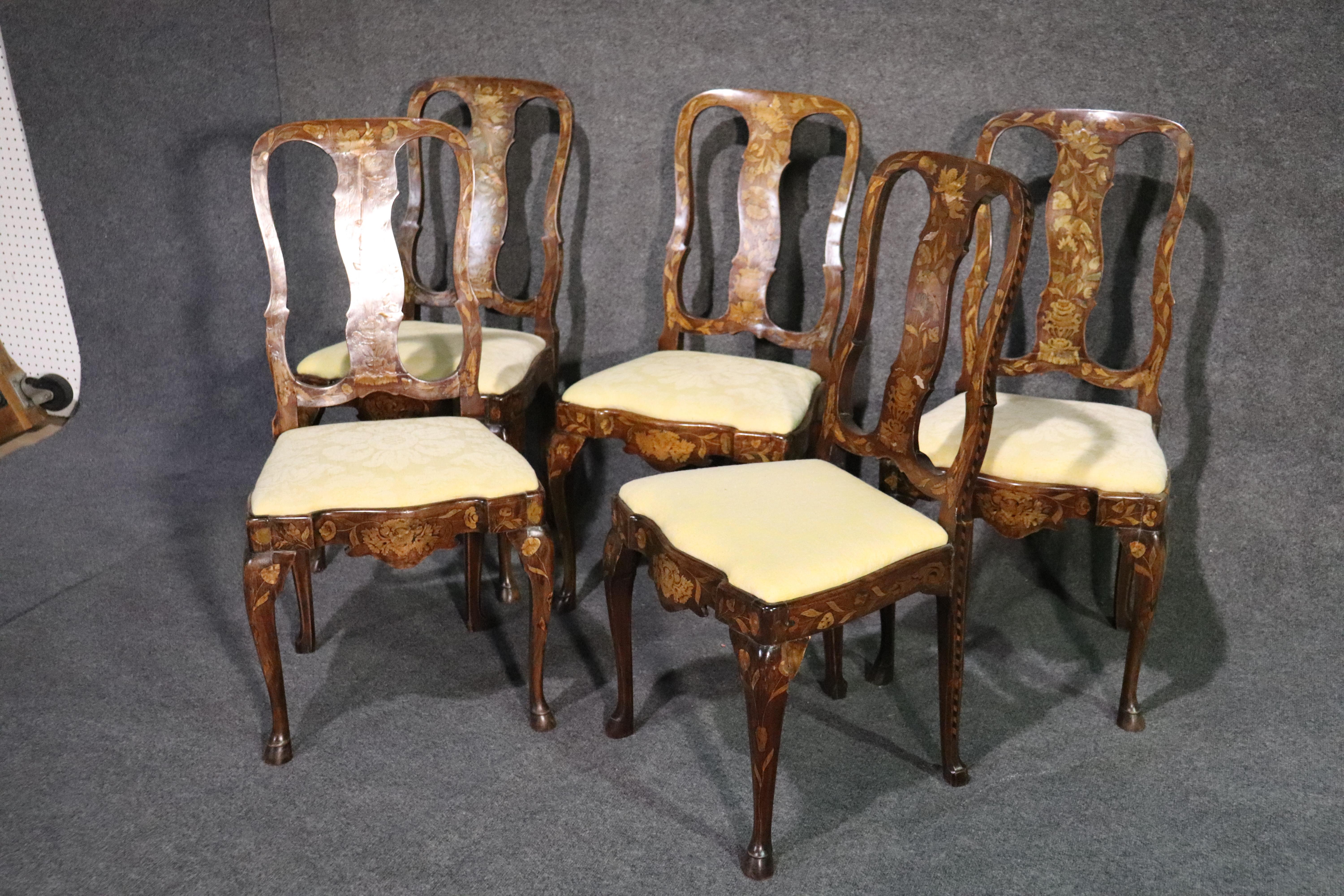 Louis XV Set 5 Inlaid Satinwood Walnut Dutch Marquetry Dining Side Chairs, circa 1890s