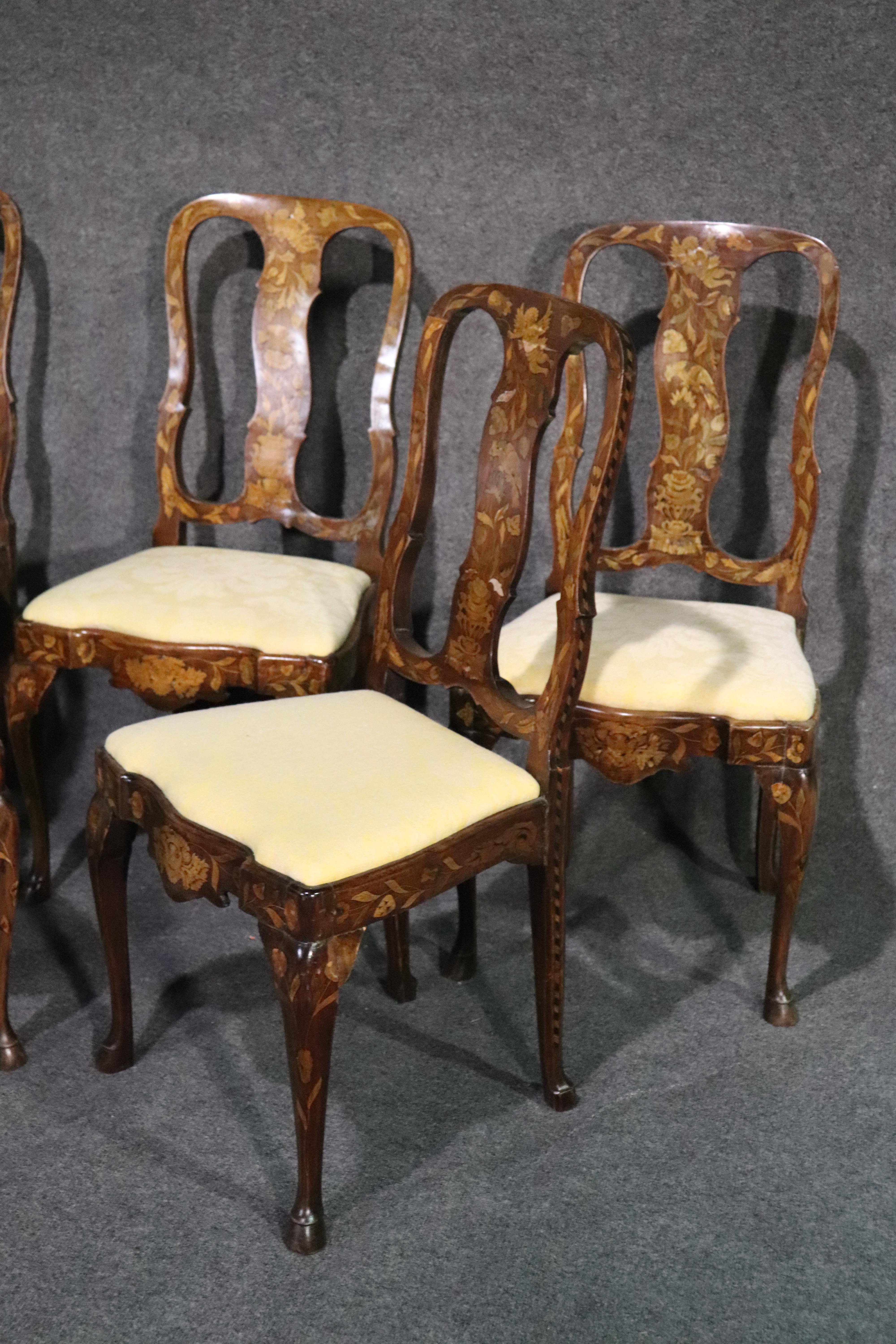 Belgian Set 5 Inlaid Satinwood Walnut Dutch Marquetry Dining Side Chairs, circa 1890s