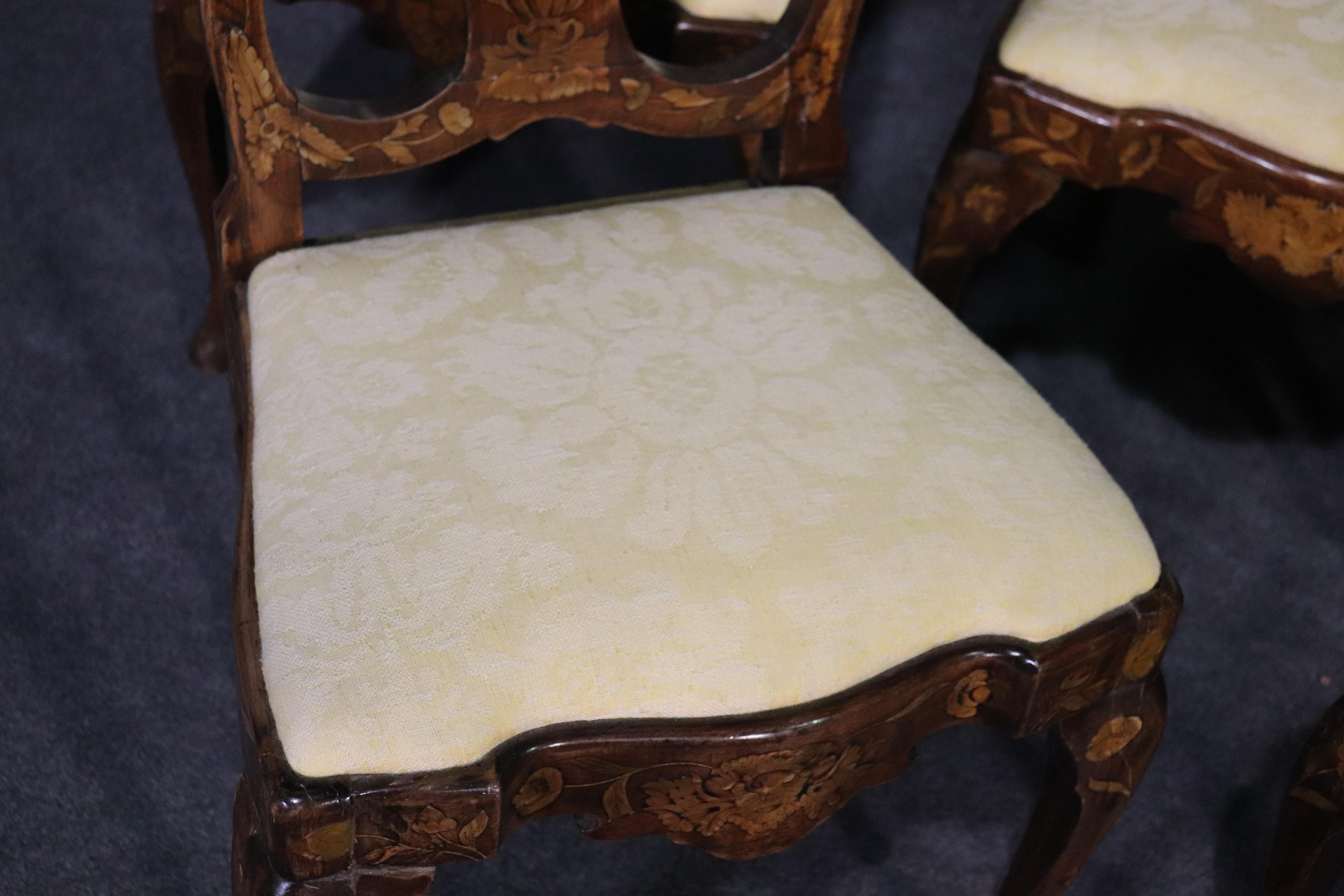 Set 5 Inlaid Satinwood Walnut Dutch Marquetry Dining Side Chairs, circa 1890s 1