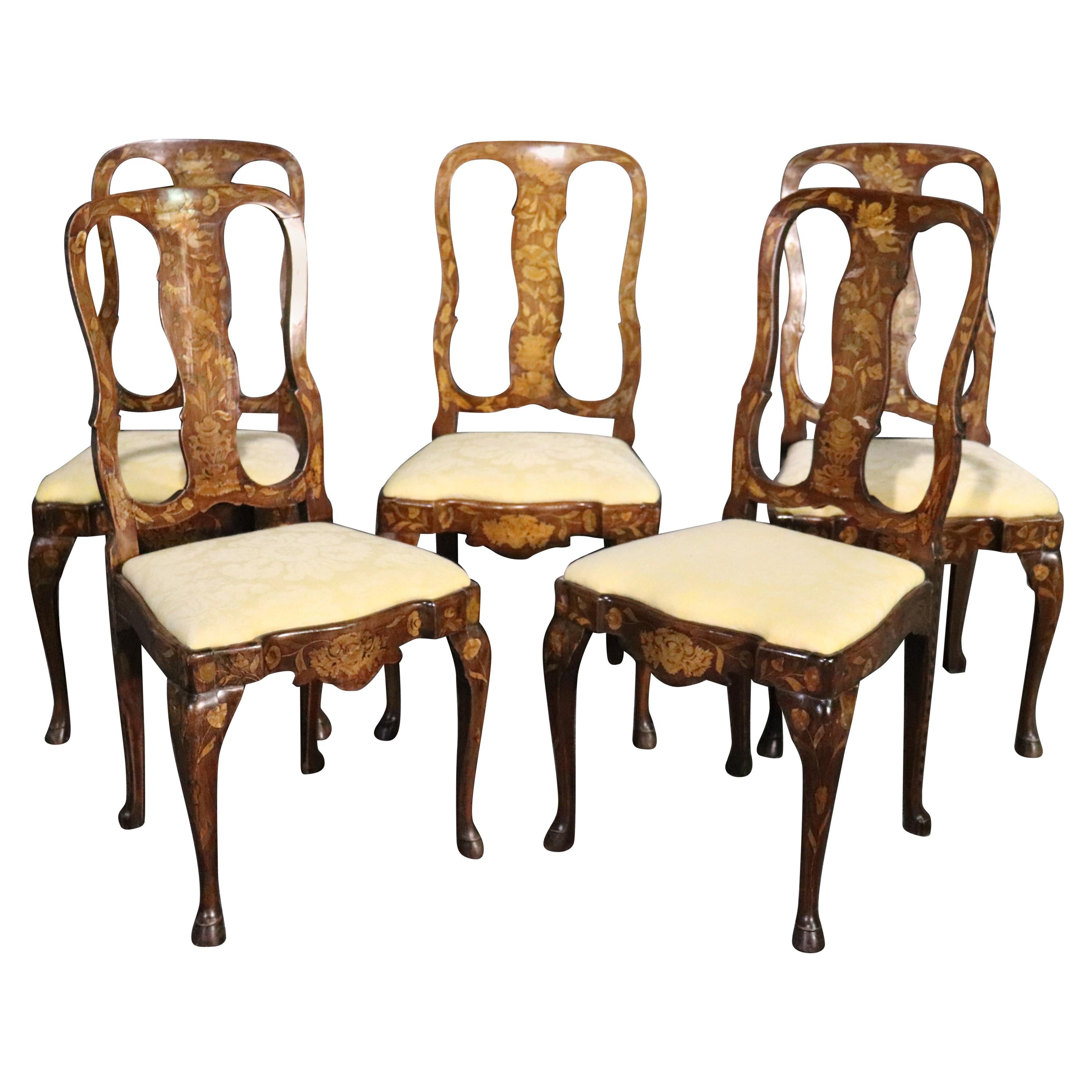 Set 5 Inlaid Satinwood Walnut Dutch Marquetry Dining Side Chairs, circa 1890s