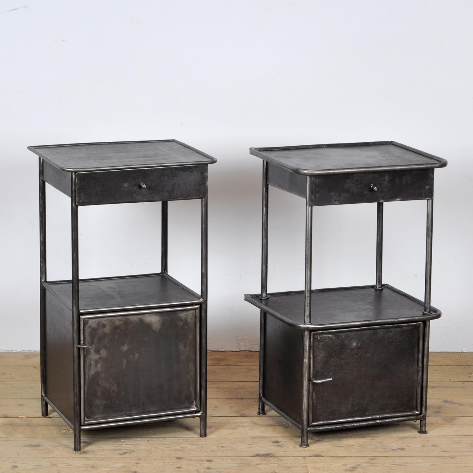 Set of iron hospital bedside tables. The items have been stripped from its paint. Treated against rust. Circa 1920.
Sold as a set but there are small differences in the nightstands.