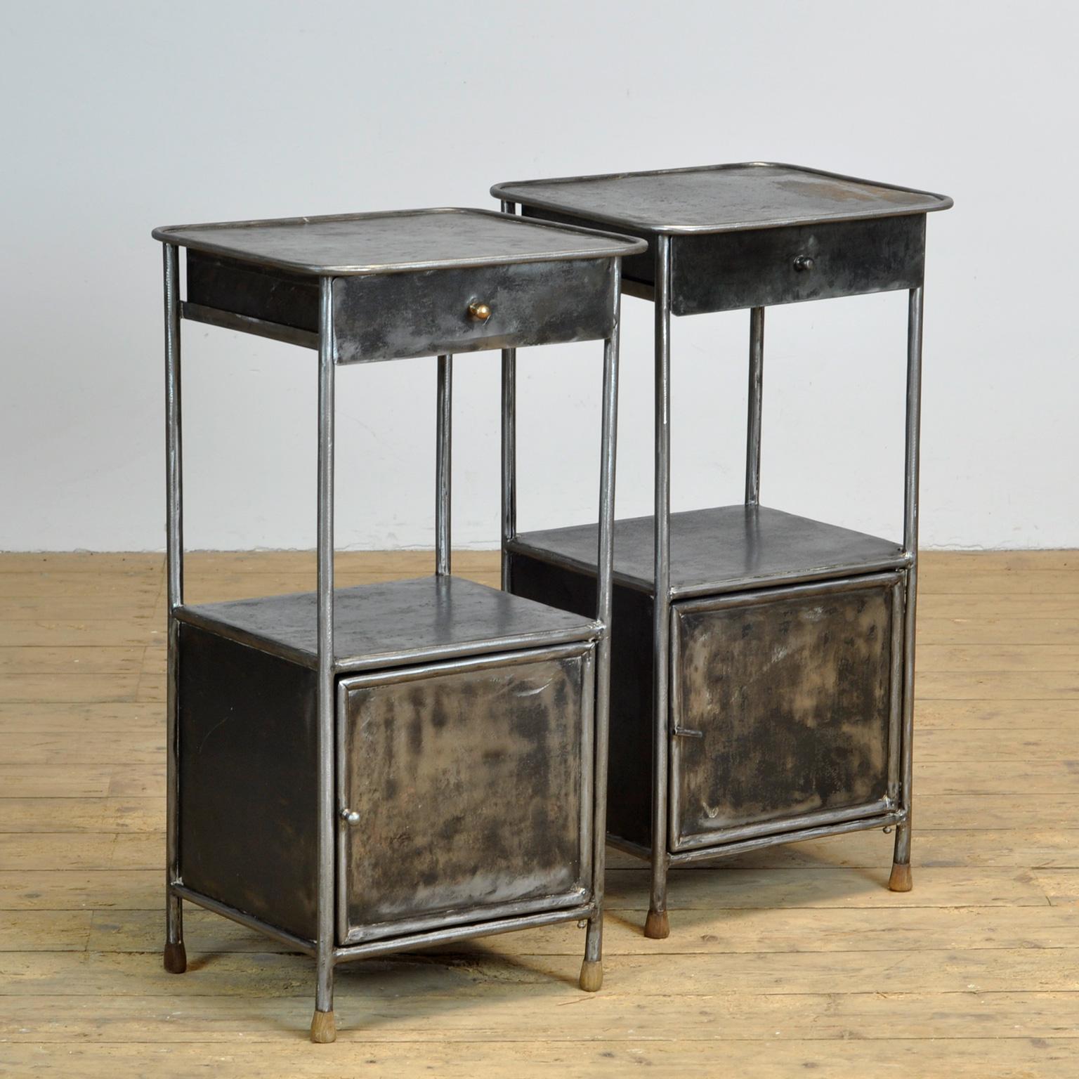 Set of metal hostital nightstands. The paint has been stripped to the polished metal. Produced in germany circa 1910.