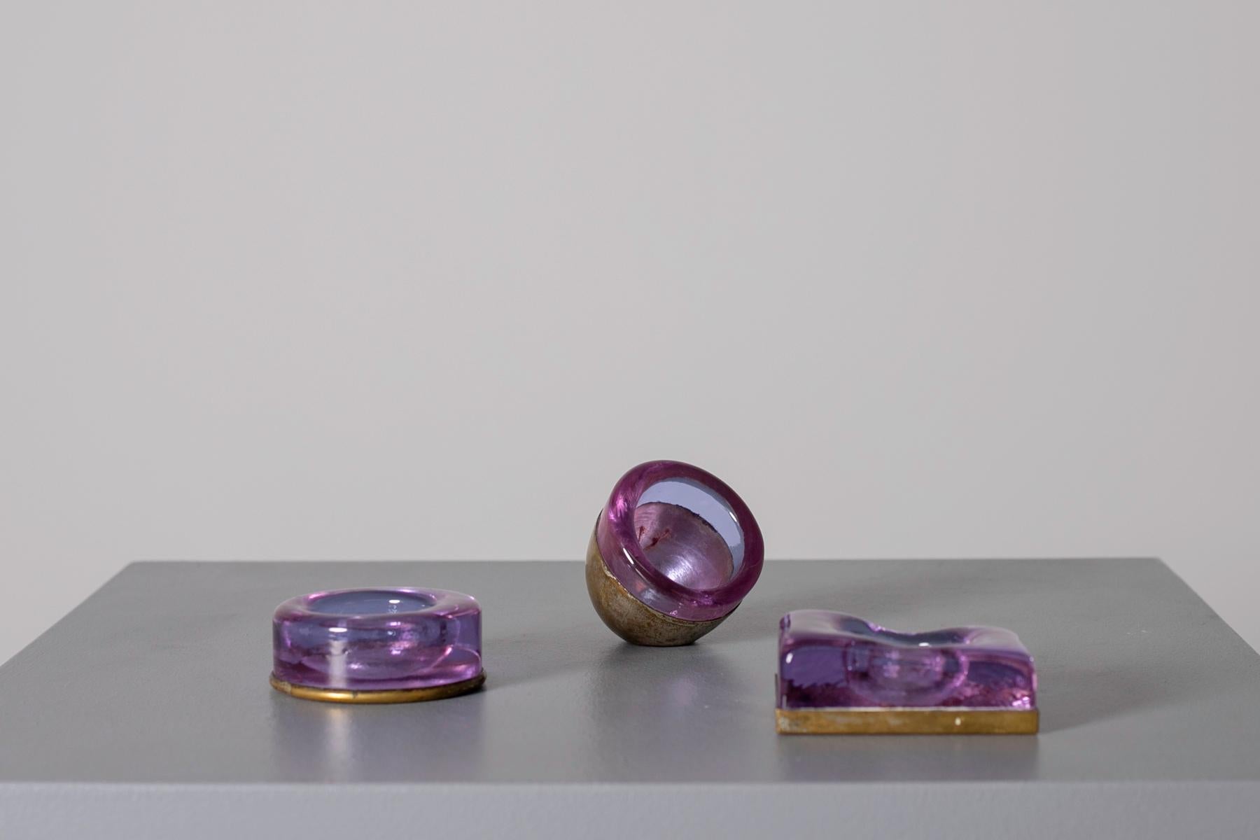 Set of Italian Candleholder Midcentury in Brass and Purple Amethyst Stone, 1950s In Good Condition In Milano, IT