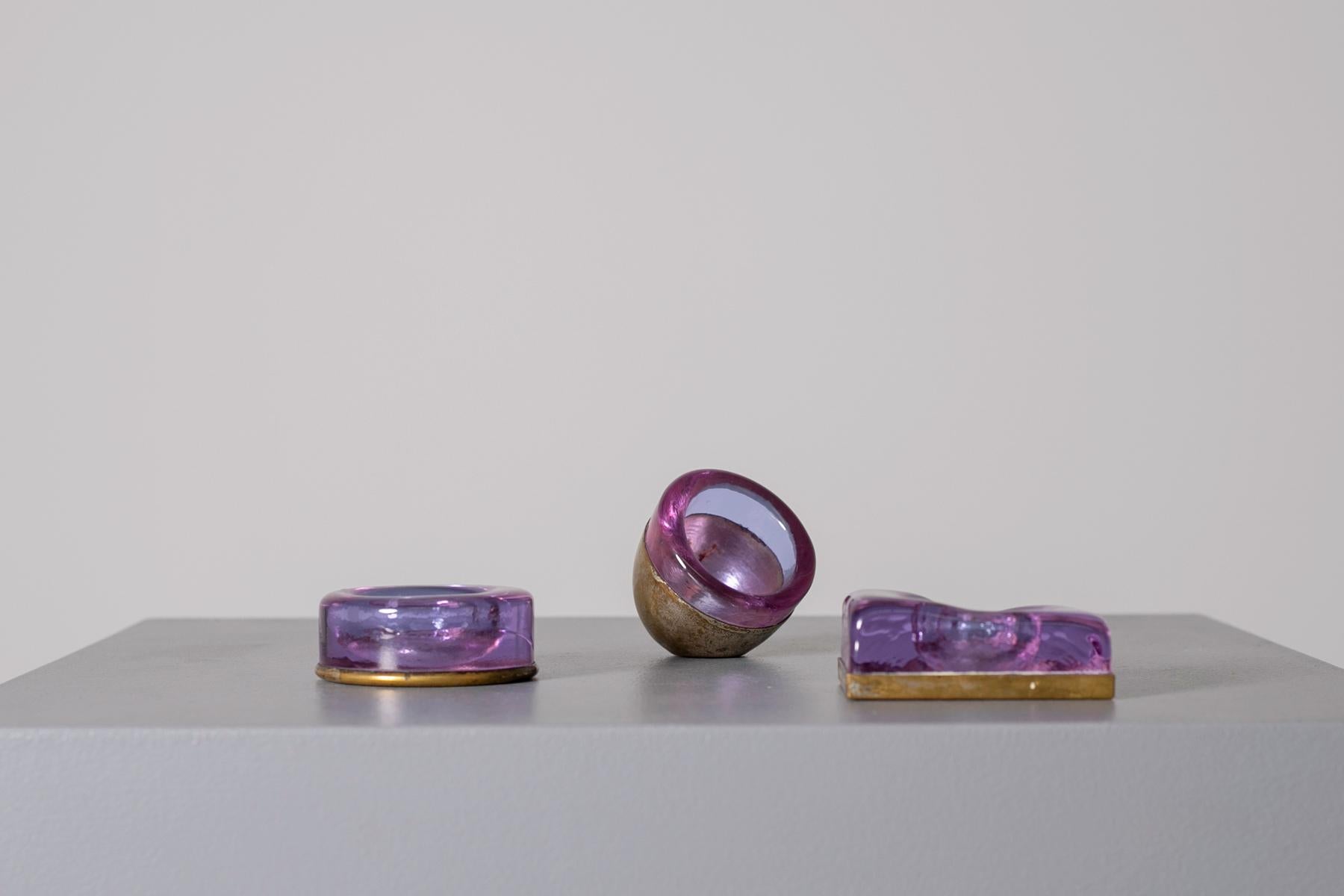Mid-20th Century Set of Italian Candleholder Midcentury in Brass and Purple Amethyst Stone, 1950s
