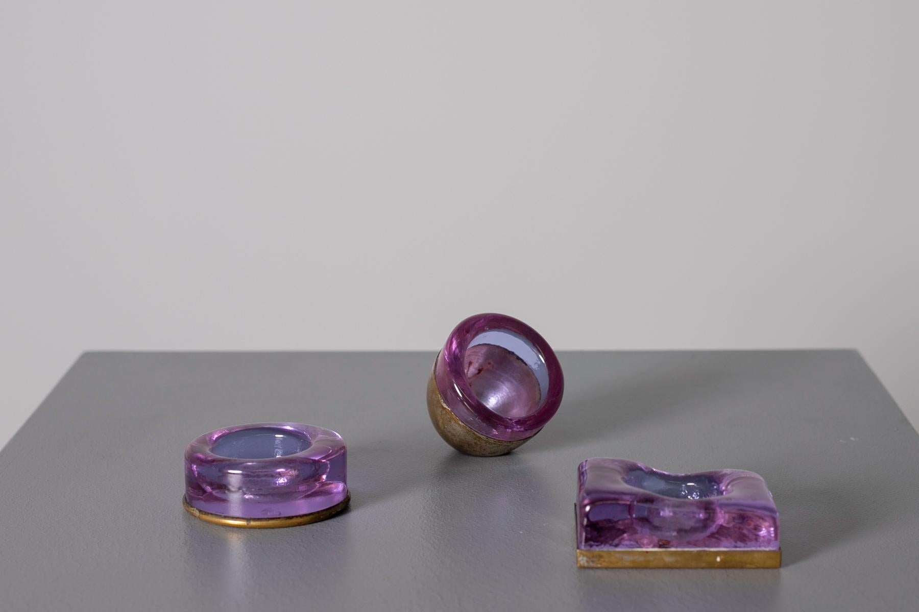 Set of Italian Candleholder Midcentury in Brass and Purple Amethyst Stone, 1950s 1