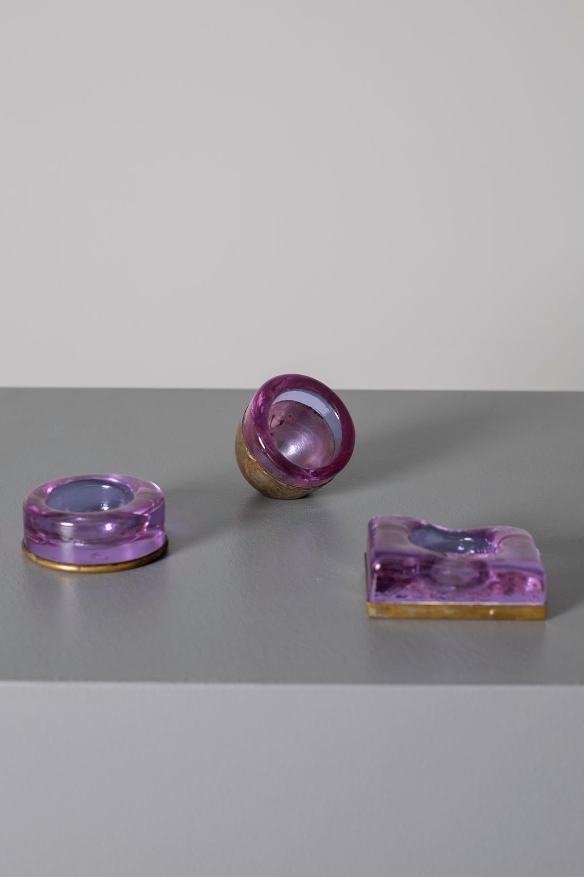 Set of Italian Candleholder Midcentury in Brass and Purple Amethyst Stone, 1950s 2