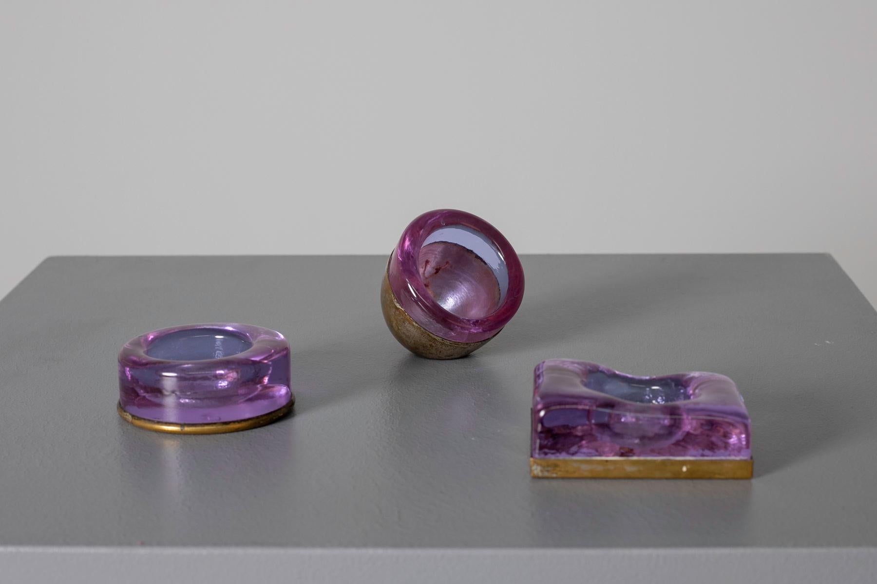 Set of Italian Candleholder Midcentury in Brass and Purple Amethyst Stone, 1950s 3