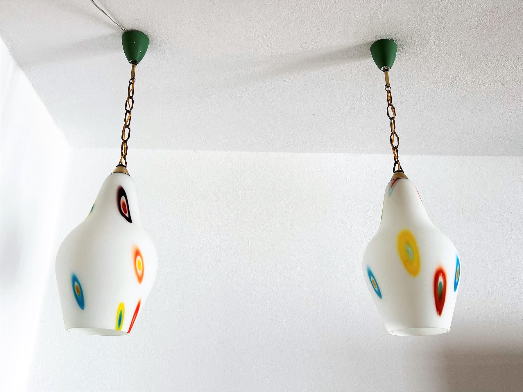 Italian Midcentury Murano Glass Pendant Lights with Colorful Murrine, 1970s For Sale 3
