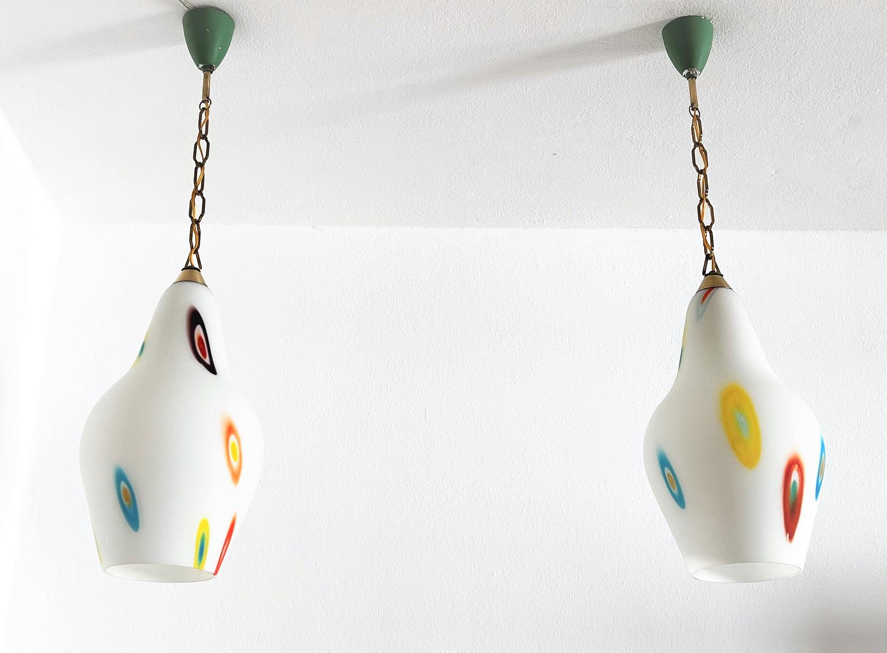 Hand-Crafted Italian Midcentury Murano Glass Pendant Lights with Colorful Murrine, 1970s For Sale