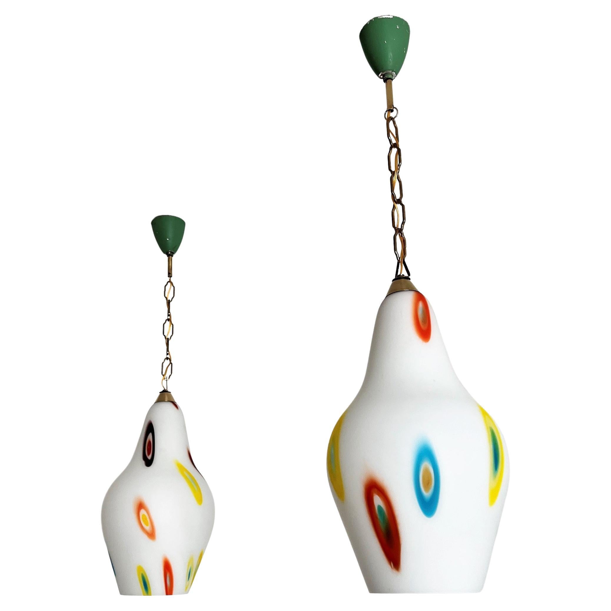 Italian Midcentury Murano Glass Pendant Lights with Colorful Murrine, 1970s For Sale