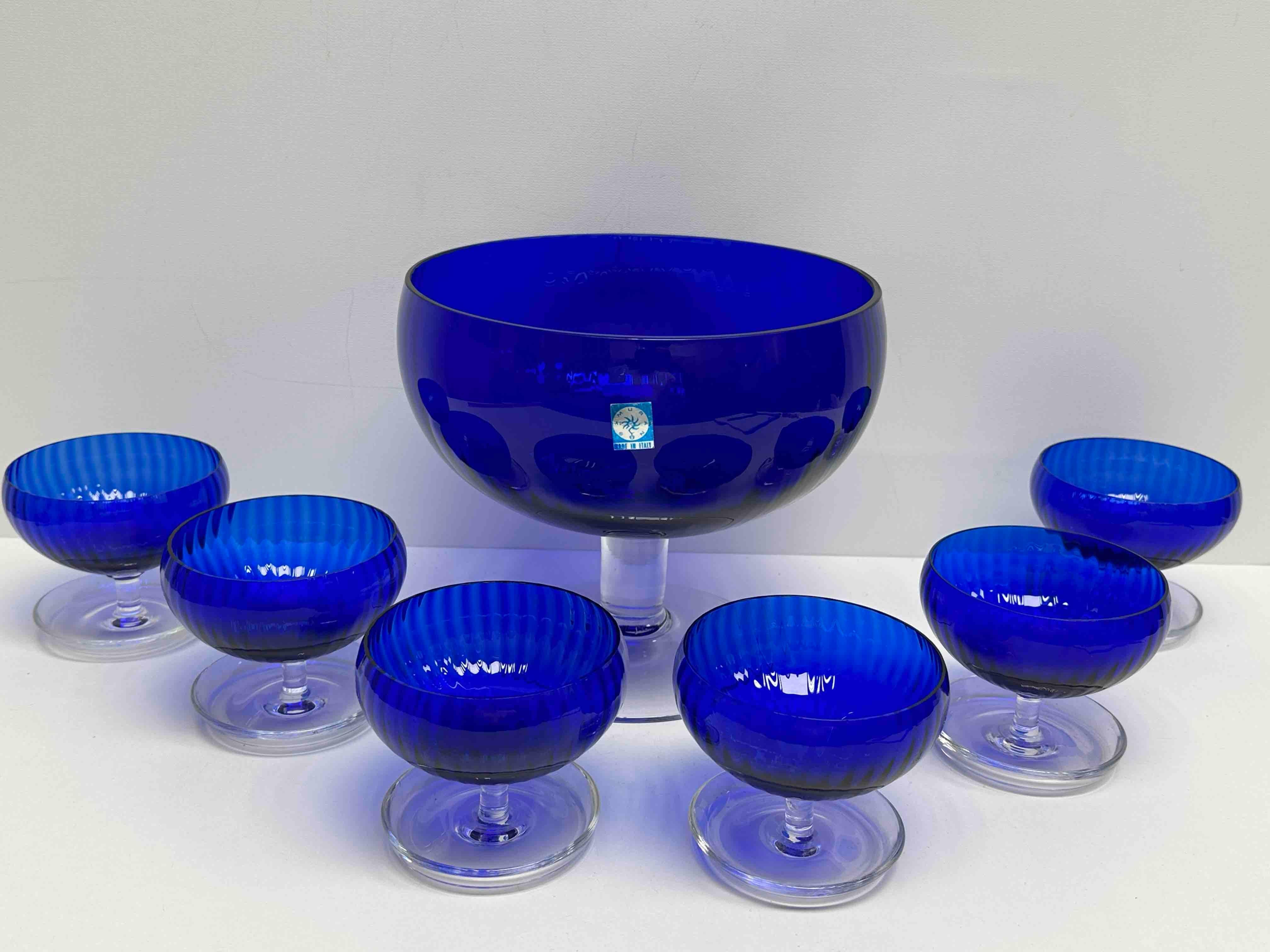 Mid-Century Modern Set Italian Venetian Murano Glass Cobalt Blue Sherbet Bowls, 1960s, Italy Venice For Sale