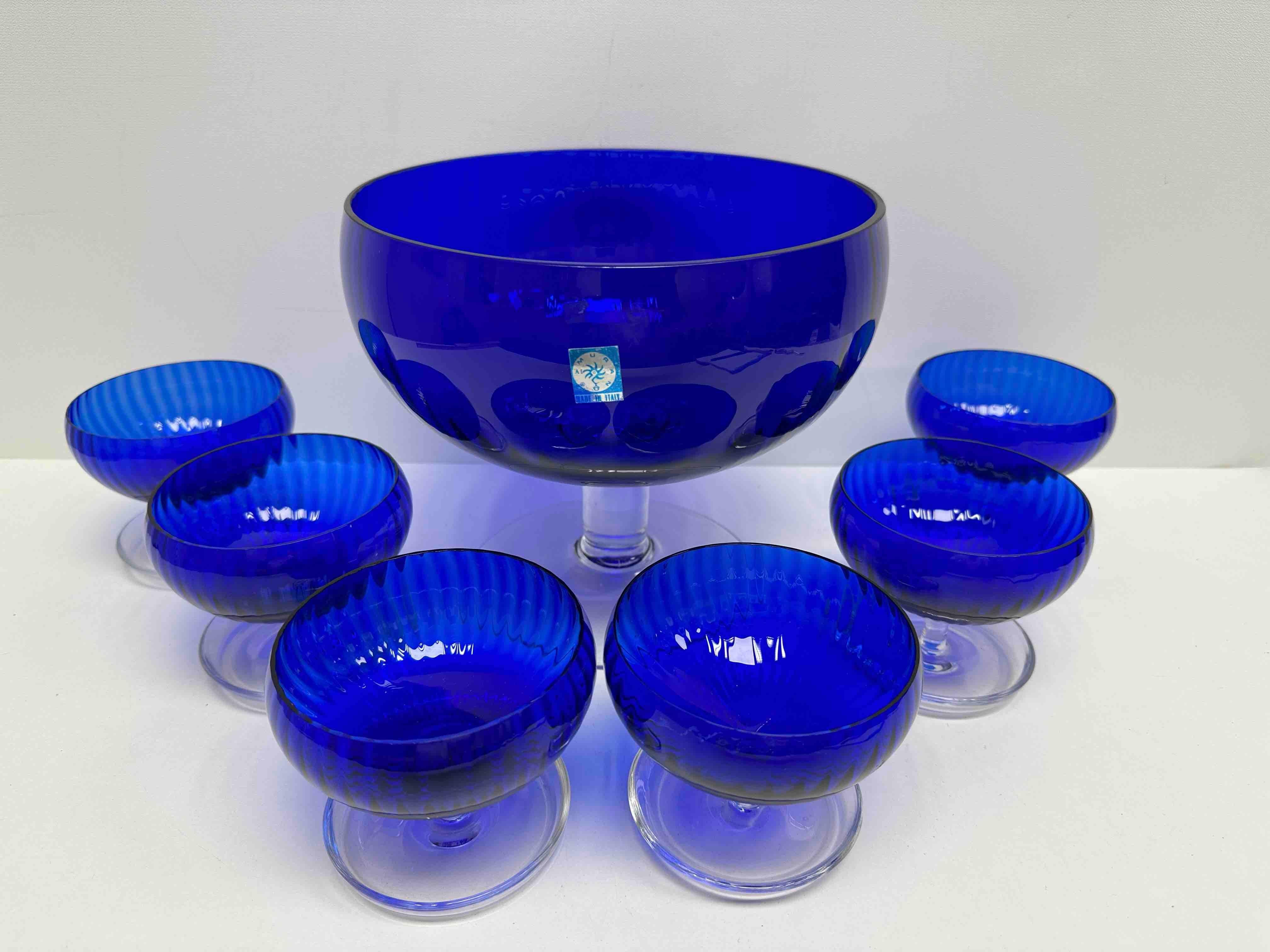 Hand-Crafted Set Italian Venetian Murano Glass Cobalt Blue Sherbet Bowls, 1960s, Italy Venice For Sale