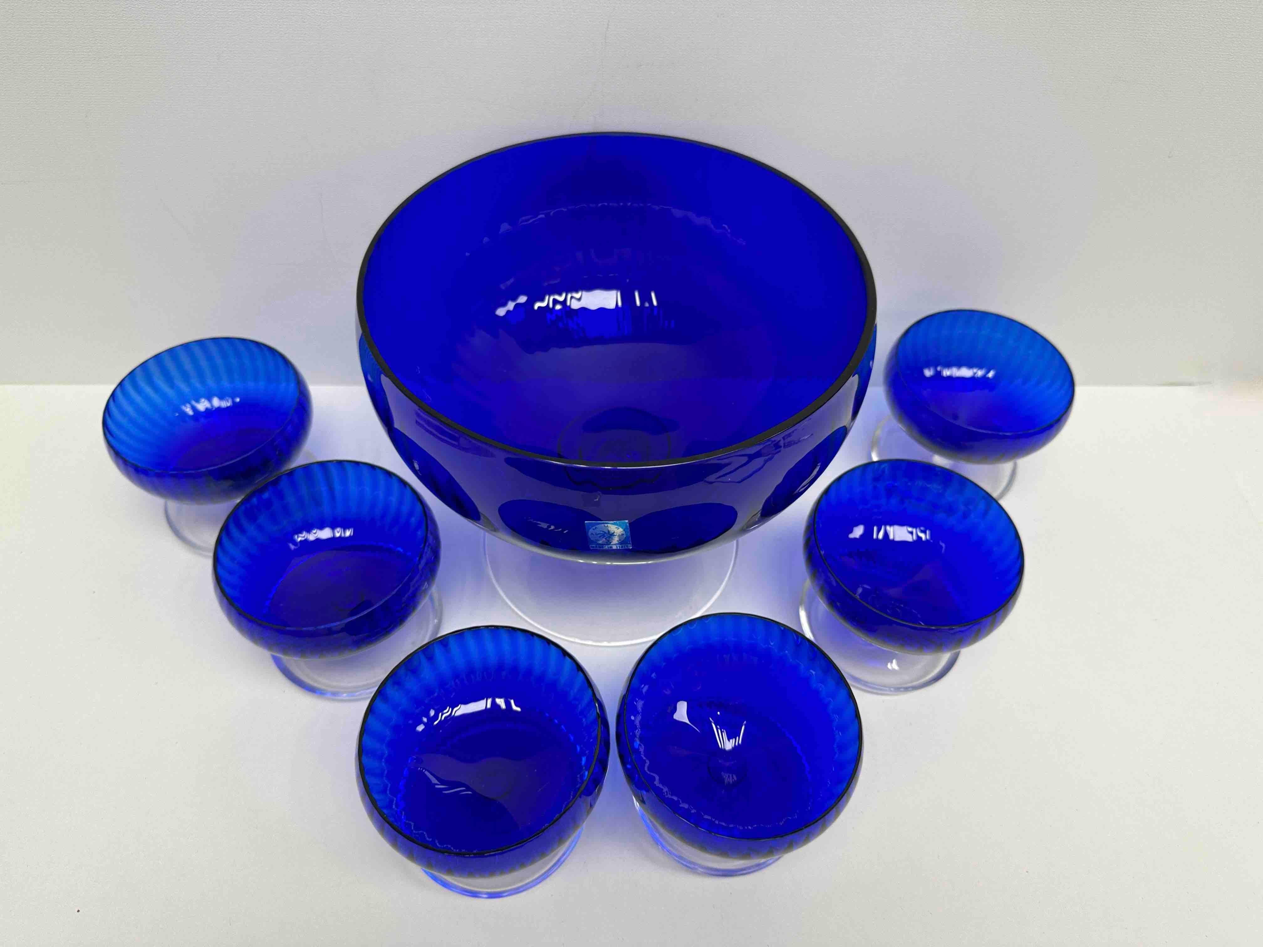 Mid-20th Century Set Italian Venetian Murano Glass Cobalt Blue Sherbet Bowls, 1960s, Italy Venice For Sale