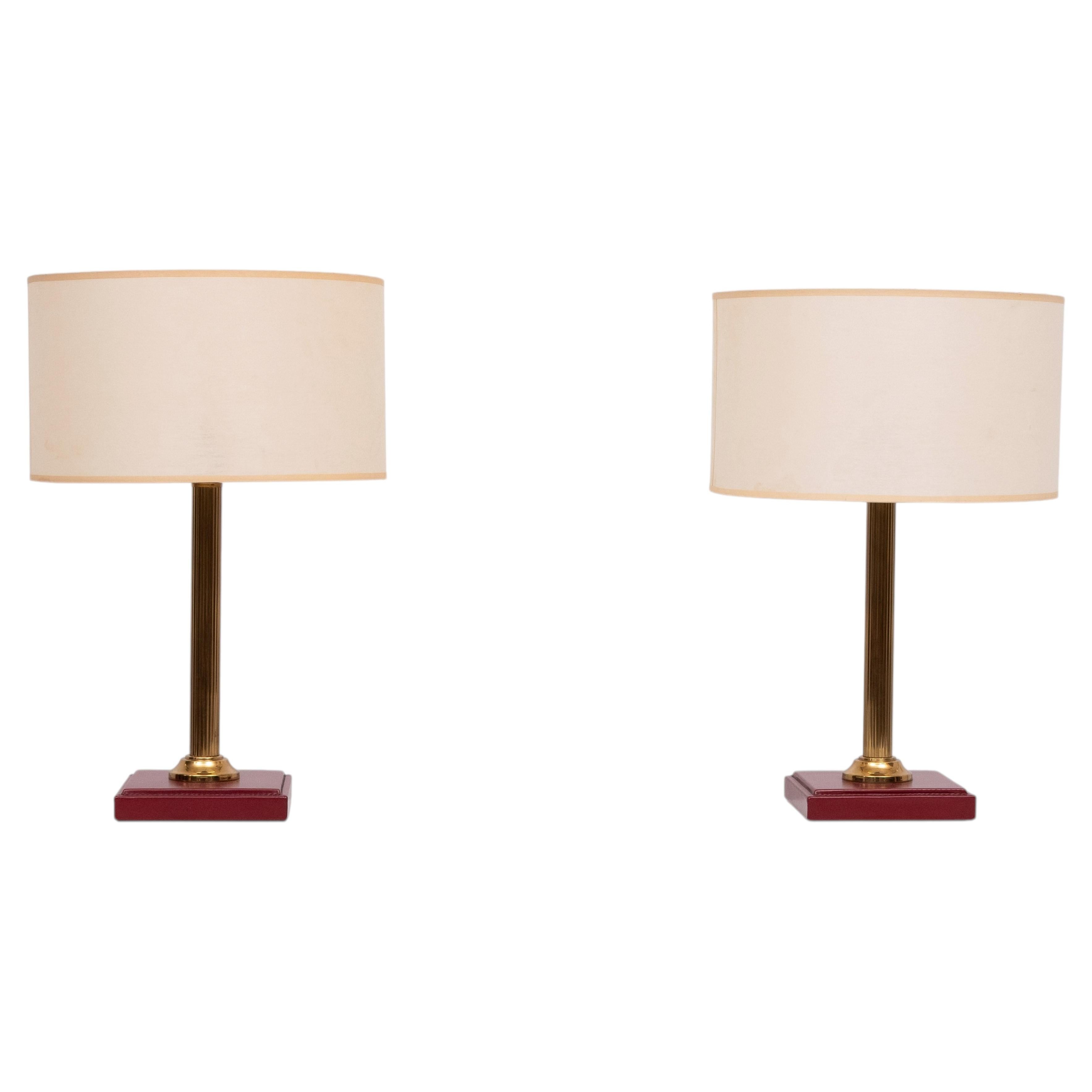 Conjunto de lámparas de mesa de cuero «Red Stich» de Jacques Adnet, década de 1960, Francia en venta