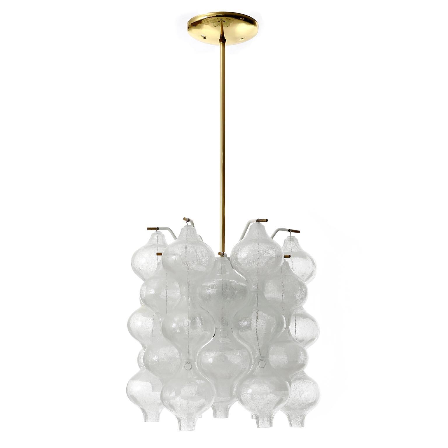 Mid-Century Modern Set Kalmar Chandelier Pendant Light and Pair Sconces 'Tulipan' Glass Brass, 1970