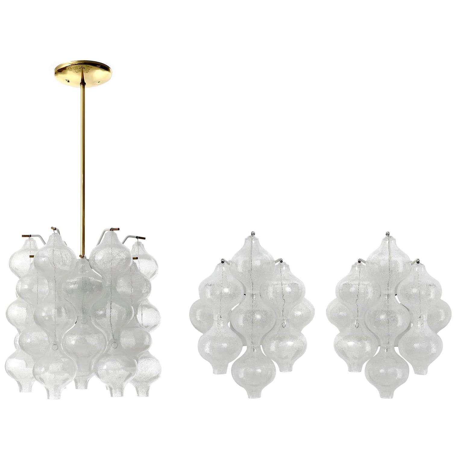 Set Kalmar Chandelier Pendant Light and Pair Sconces 'Tulipan' Glass Brass, 1970