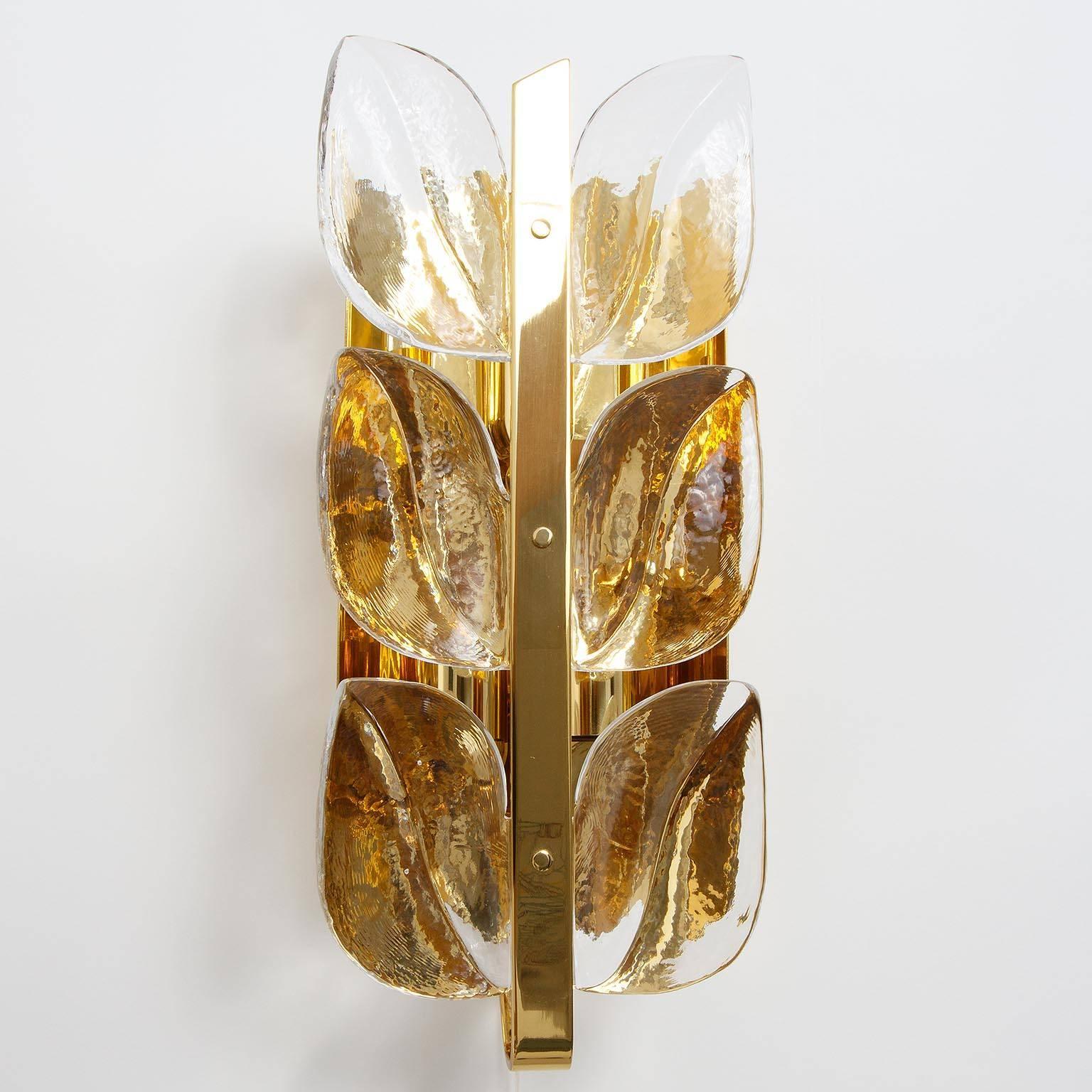 Set Kalmar 'Florida' Pendant Light and Sconces Wall Lights, Brass Glass, 1970s 4