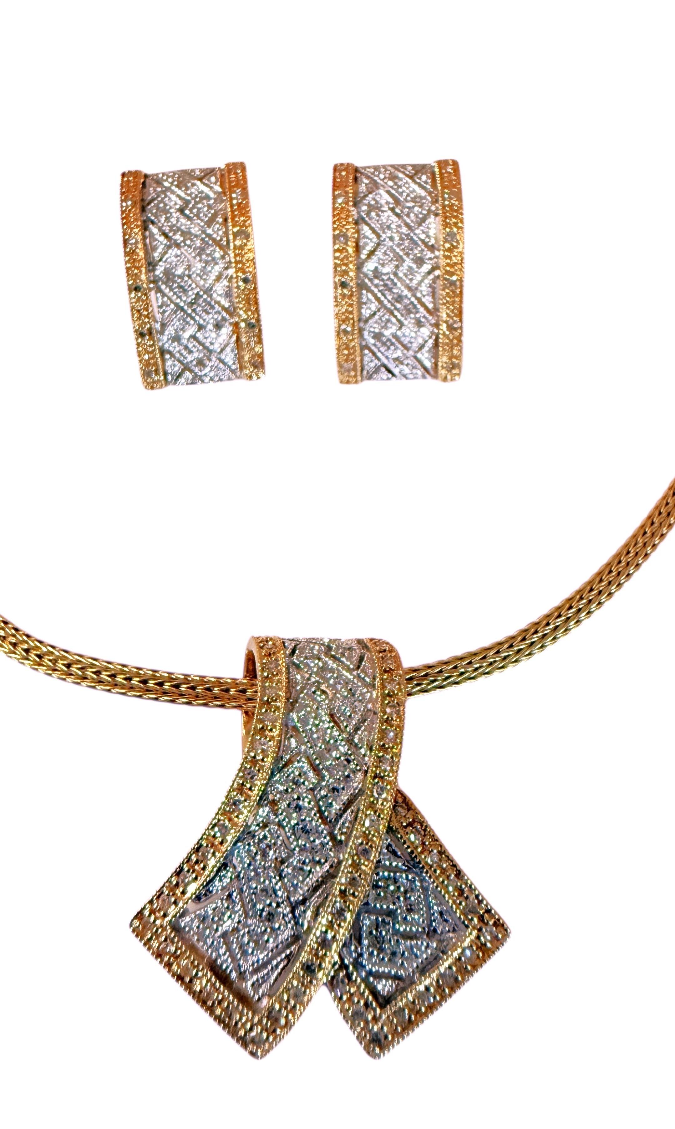 Set KLM 14k Yellow & White Gold .30 Carat Diamond Pave Pendant & Earrings For Sale 6