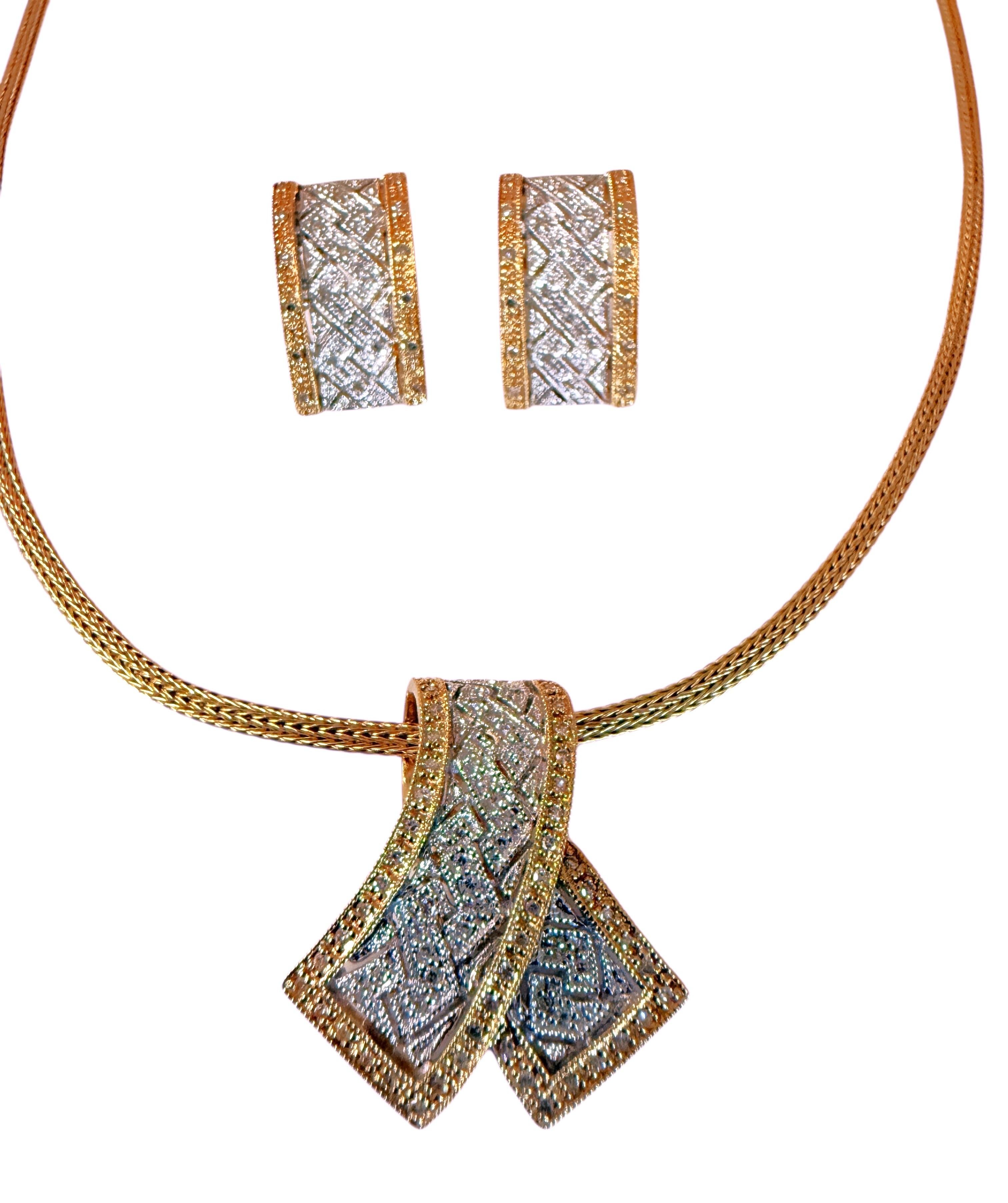 Set KLM 14k Yellow & White Gold .30 Carat Diamond Pave Pendant & Earrings For Sale 7