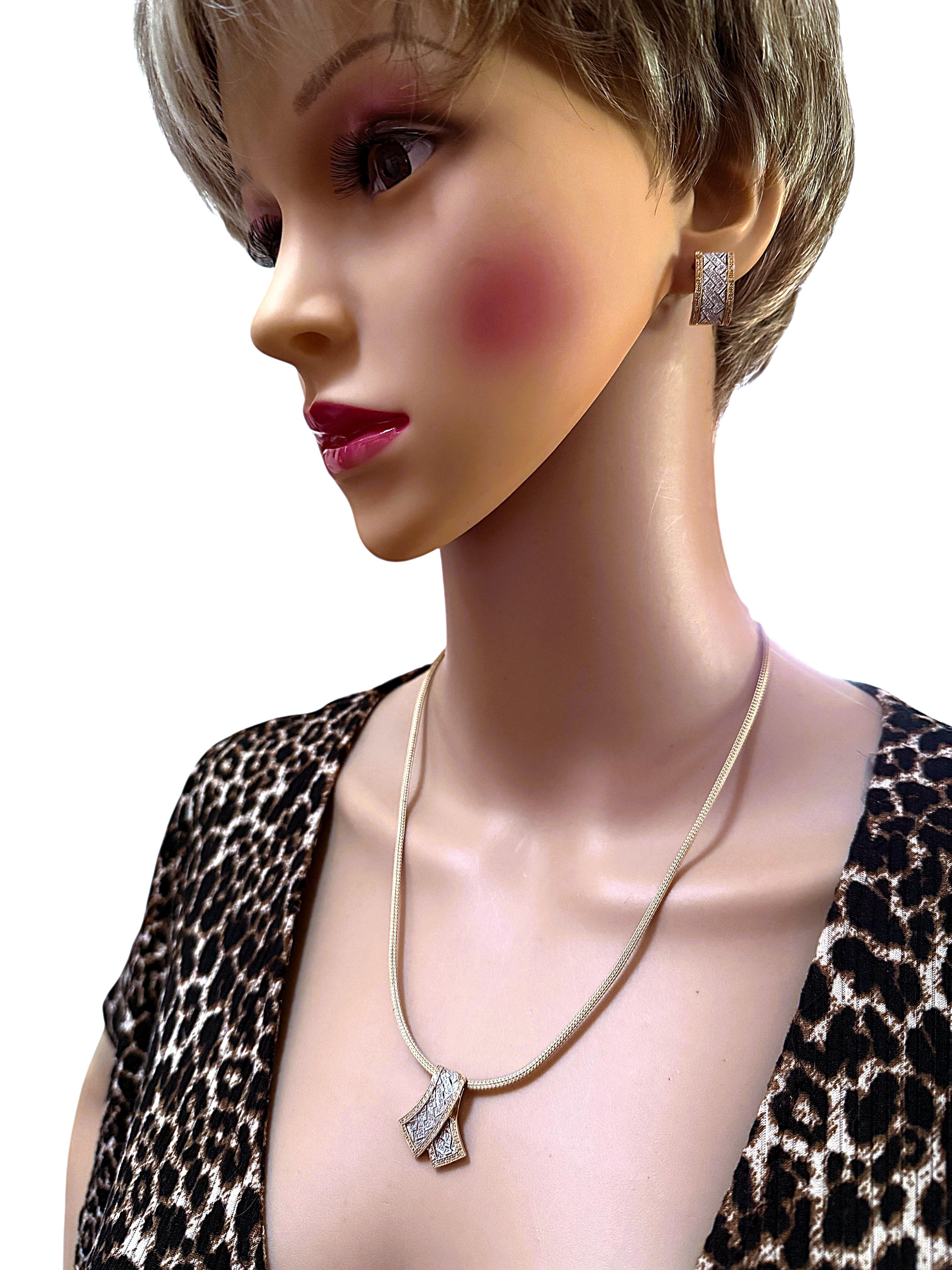 Set KLM 14k Yellow & White Gold .30 Carat Diamond Pave Pendant & Earrings For Sale 1