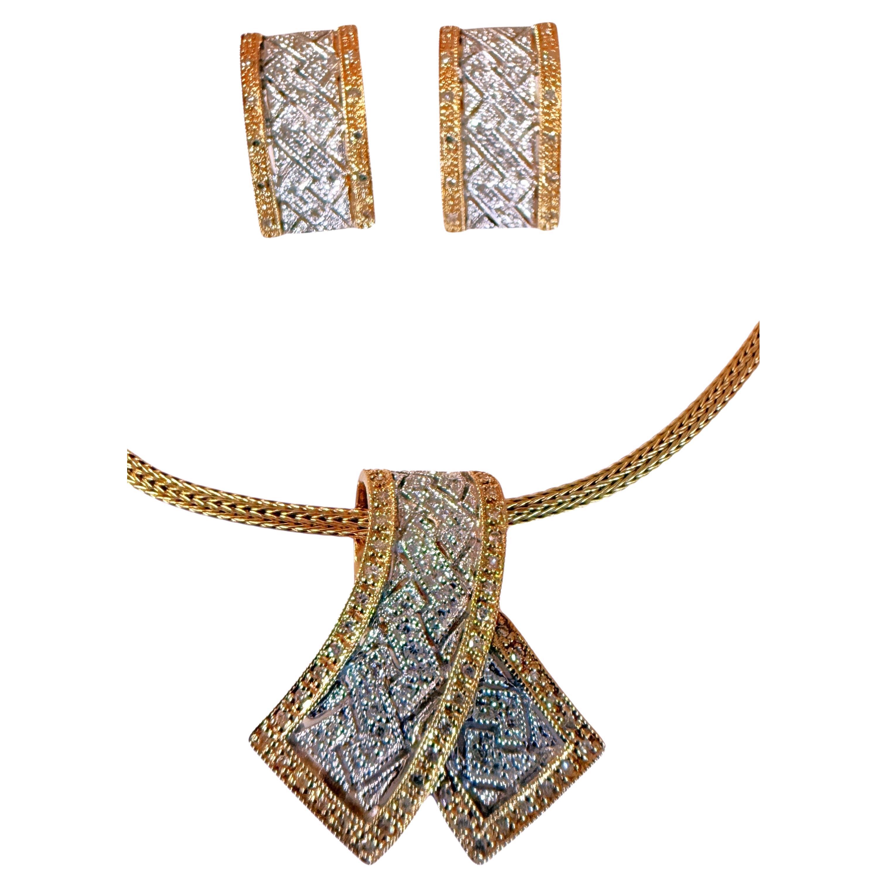 Set KLM 14k Yellow 
White Gold .30 Carat Diamond Pave Pendant 
Earrings For Sale