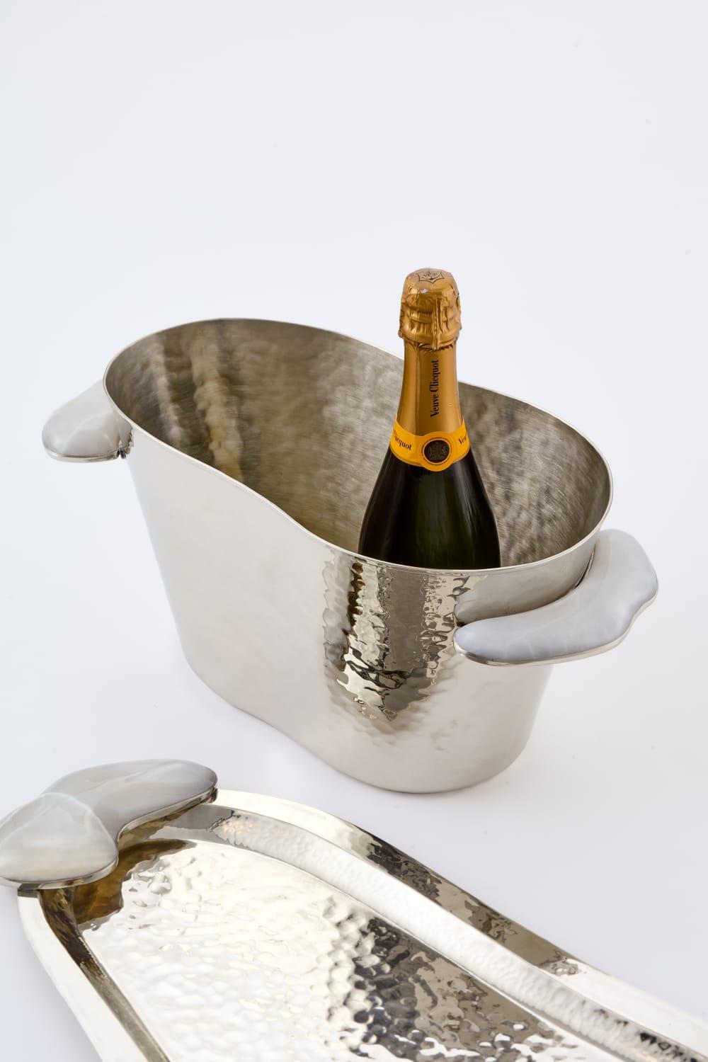 SET Lacar Medium Silver Alpaca , Cream Onyx Stone Champagner-Eimer & Tablett (Moderne) im Angebot