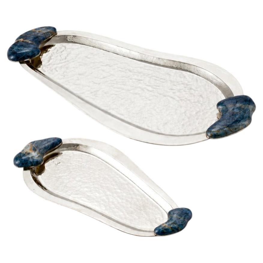 SET Lacar Small, Medium Alpaca Silver & Blue Onyx Stone Trays For Sale
