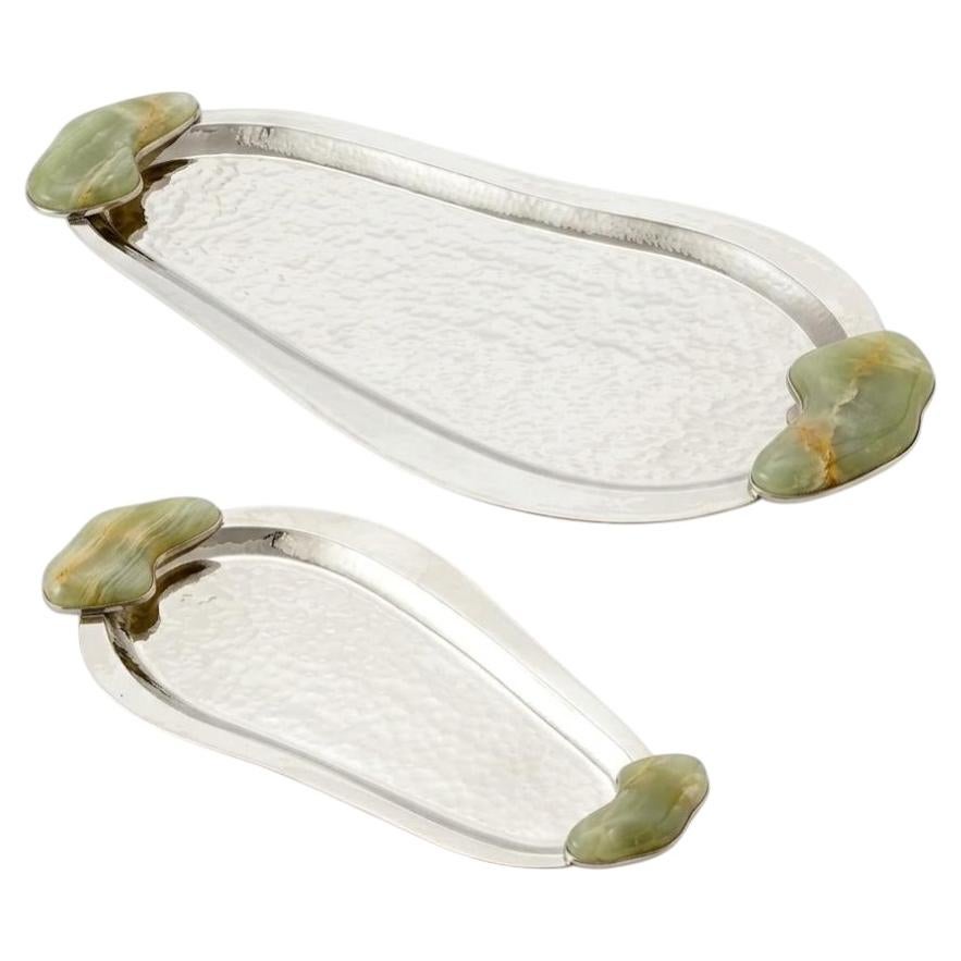 SET Lacar Small, Medium Alpaca Silver & Green Onyx Stone Trays For Sale