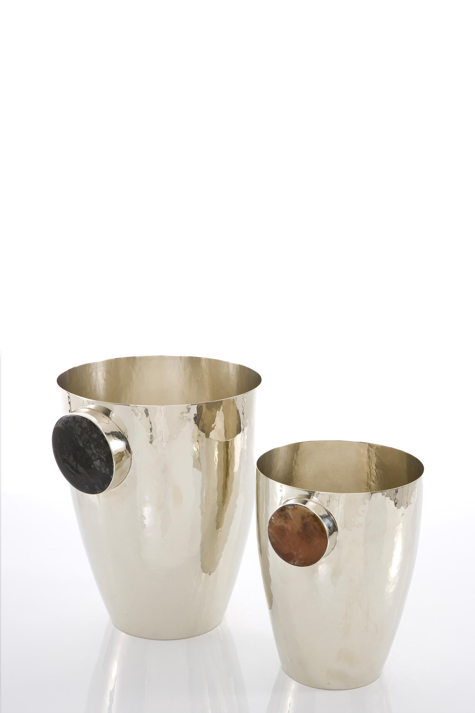 Organic Modern Set Lago Medium & Large Champagne Buckets, Onyx Stone & Alpaca Silver For Sale