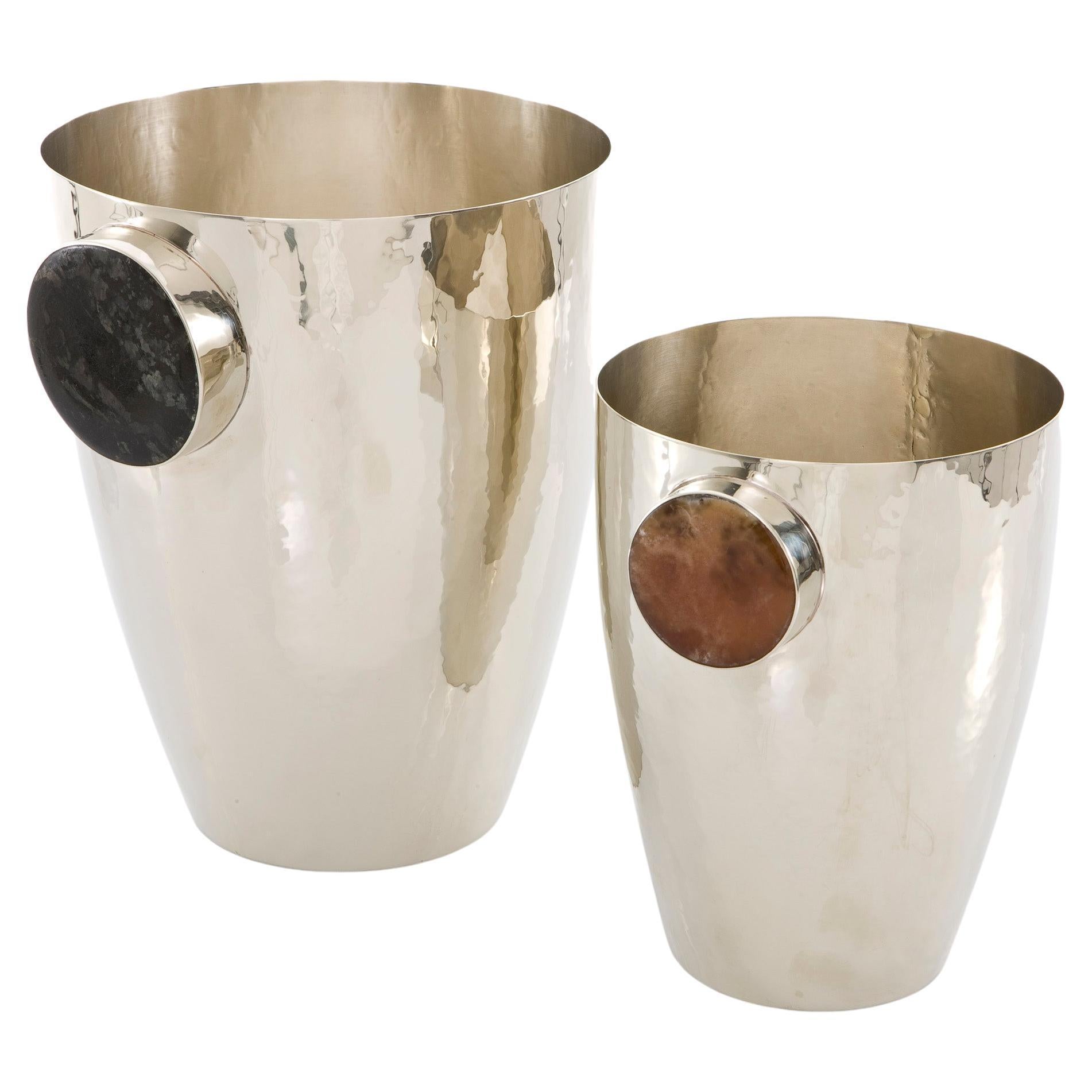 Set Lago Medium & Large Champagne Buckets, Onyx Stone & Alpaca Silver For Sale