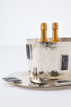 SET Large Glaciar Silver Alpaca & Black Onyx Stone Bar Tray &  Champagne Bucket